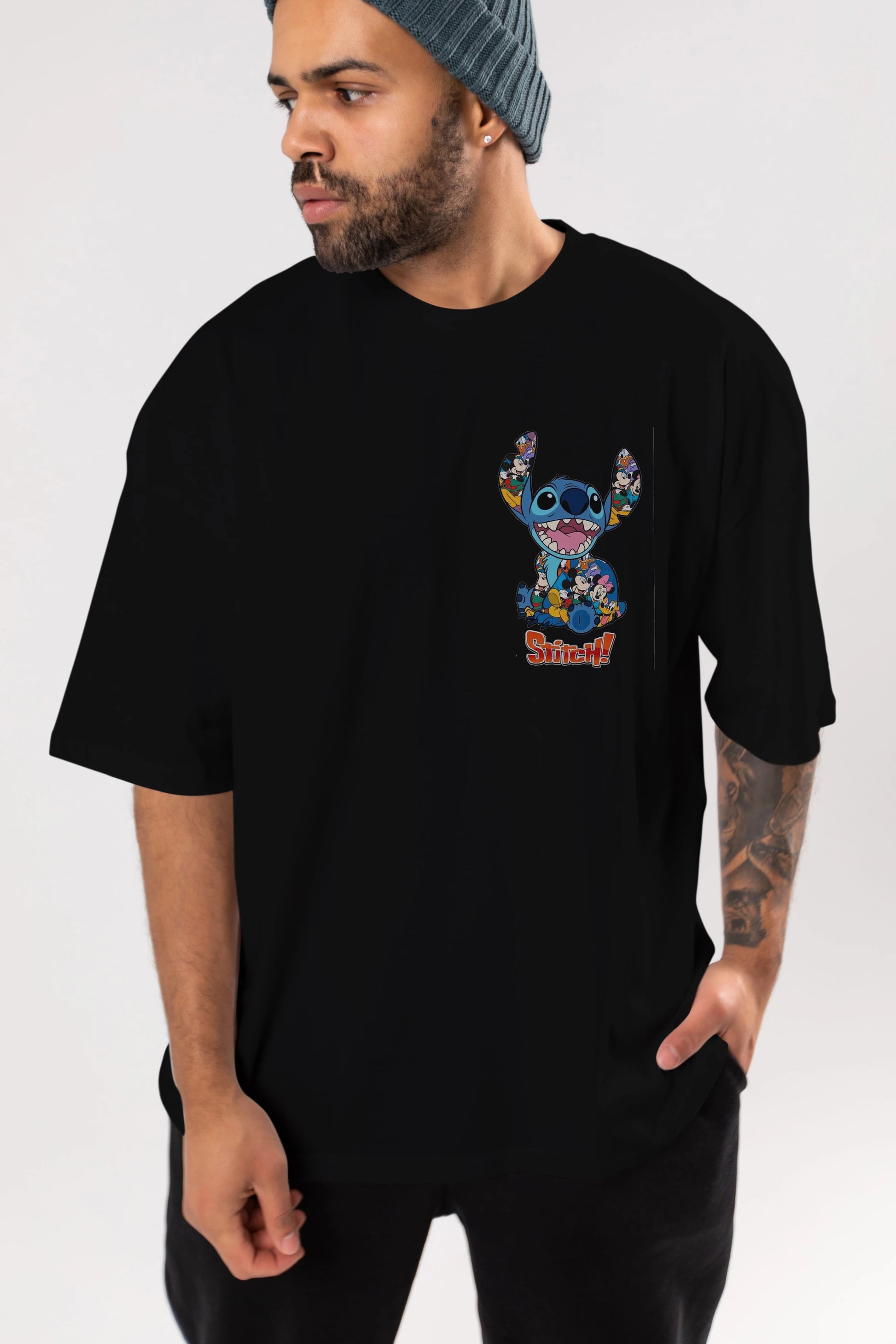 Stitch Ön Sol Baskılı Oversize t-shirt Erkek Kadın Unisex %100 Pamuk Bisiklet Yaka tişort