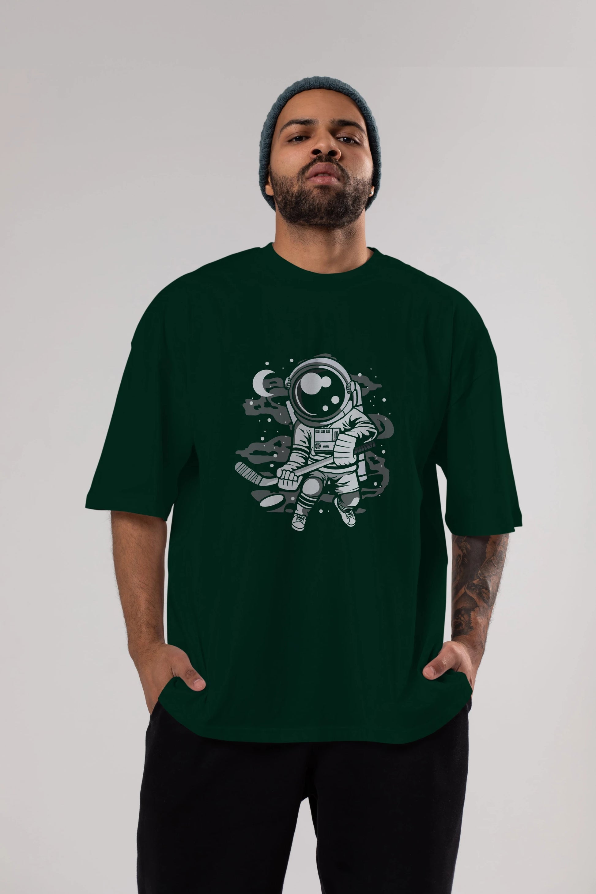Hockey Player Astronaut Ön Baskılı Oversize t-shirt Erkek Kadın Unisex