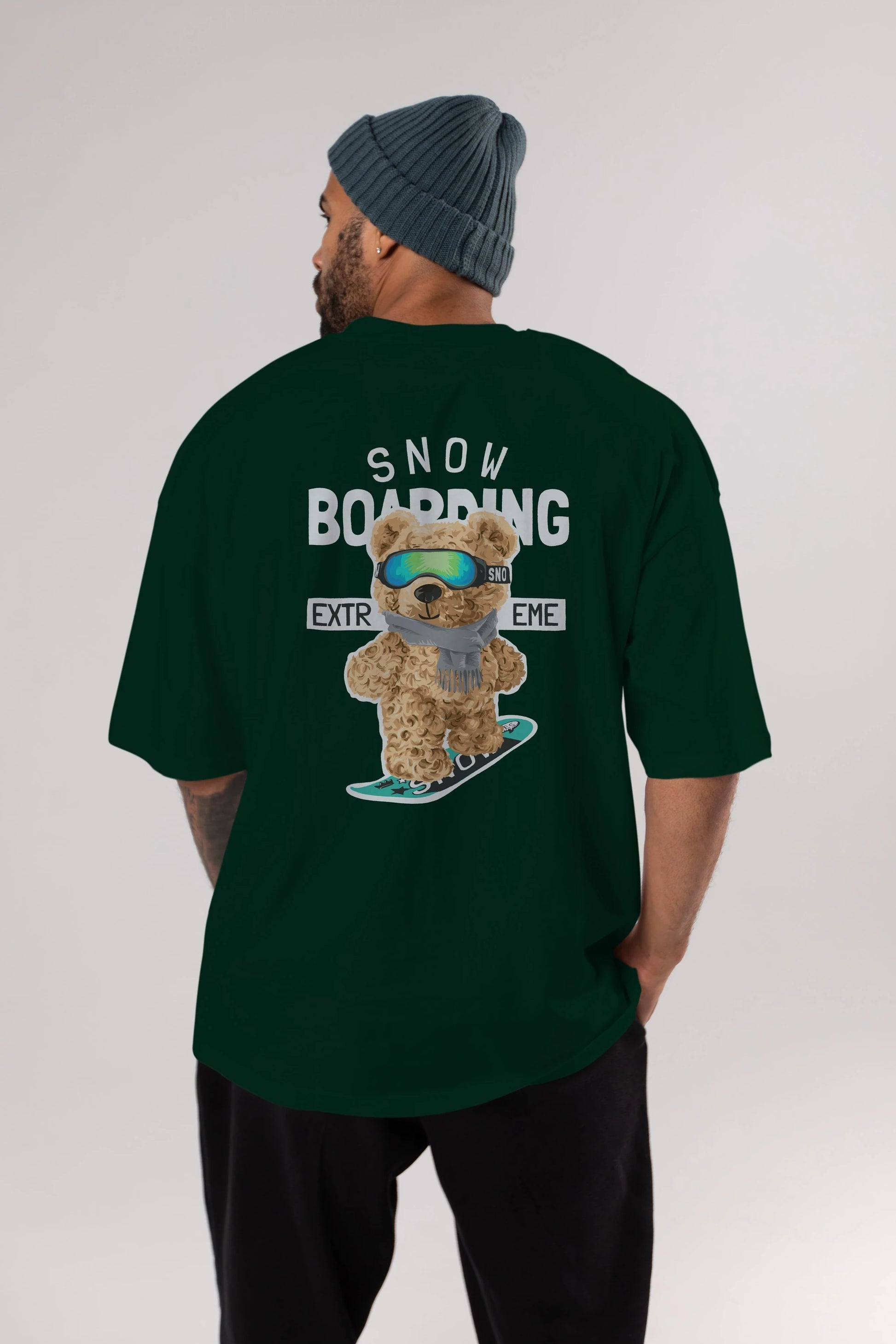 Teddy Bear Snow Boarding Arka Baskılı Oversize t-shirt Erkek Kadın Unisex %100 Pamuk