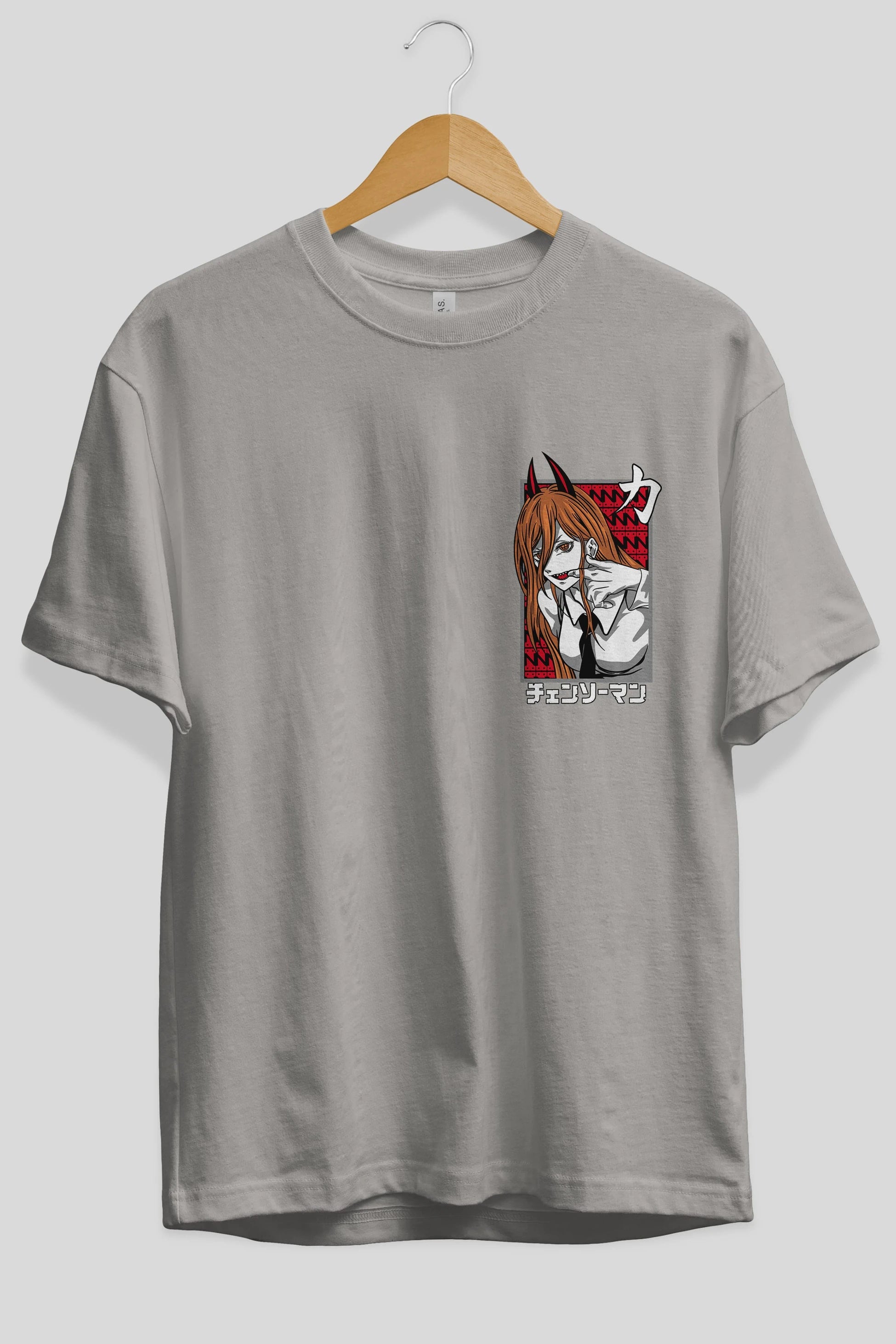 CHAINSAWMAN POWER Ön Sol Baskılı Oversize t-shirt Erkek Kadın Unisex %100 Pamuk Bisiklet Yaka tişort