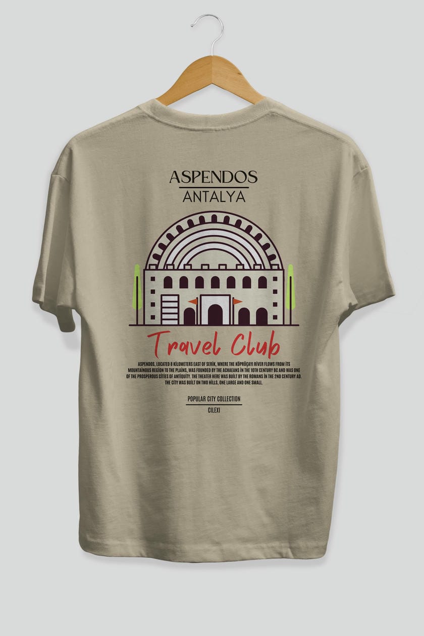Aspendos Antalya Arka Baskılı Oversize t-shirt Erkek Kadın Pamuk Bisiklet Yaka tişort