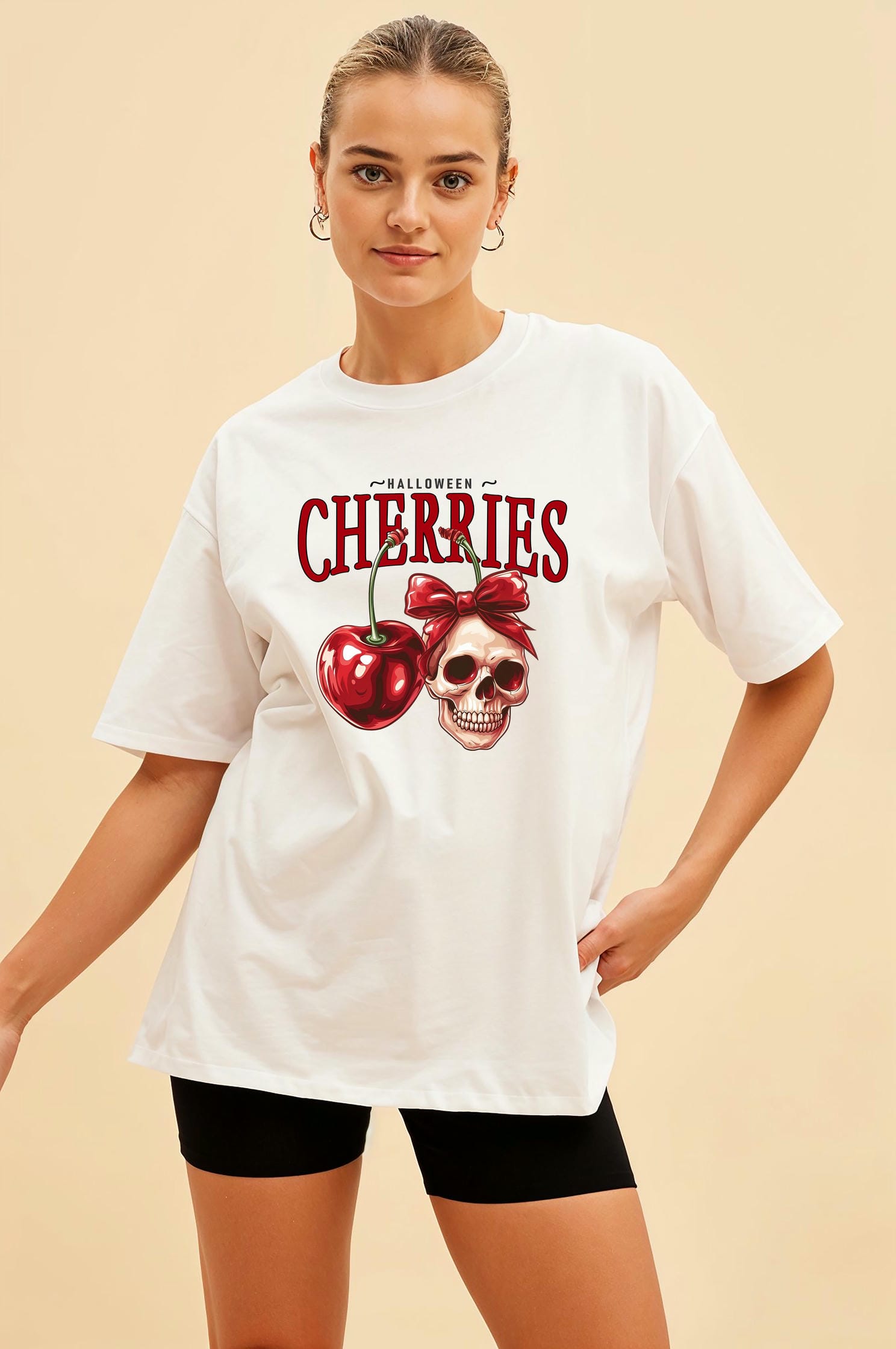 Cherry Cherries 1 Ön Baskılı Oversize t-shirt Erkek Kadın Pamuk Bisiklet Yaka tişort