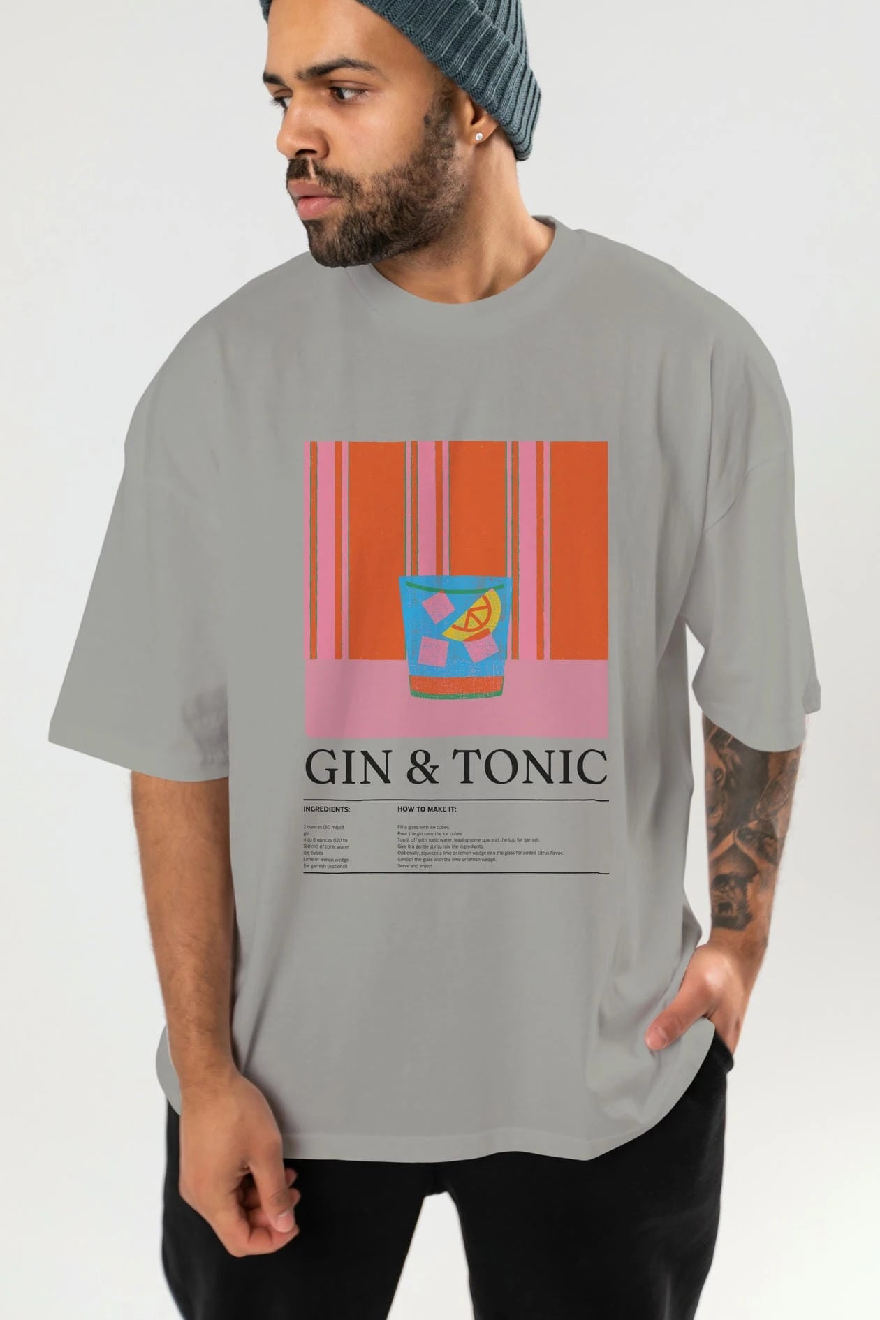 Gin tonic Kokteyl Ön Baskılı Oversize t-shirt Erkek Kadın %100 Pamuk Bisiklet Yaka tişort