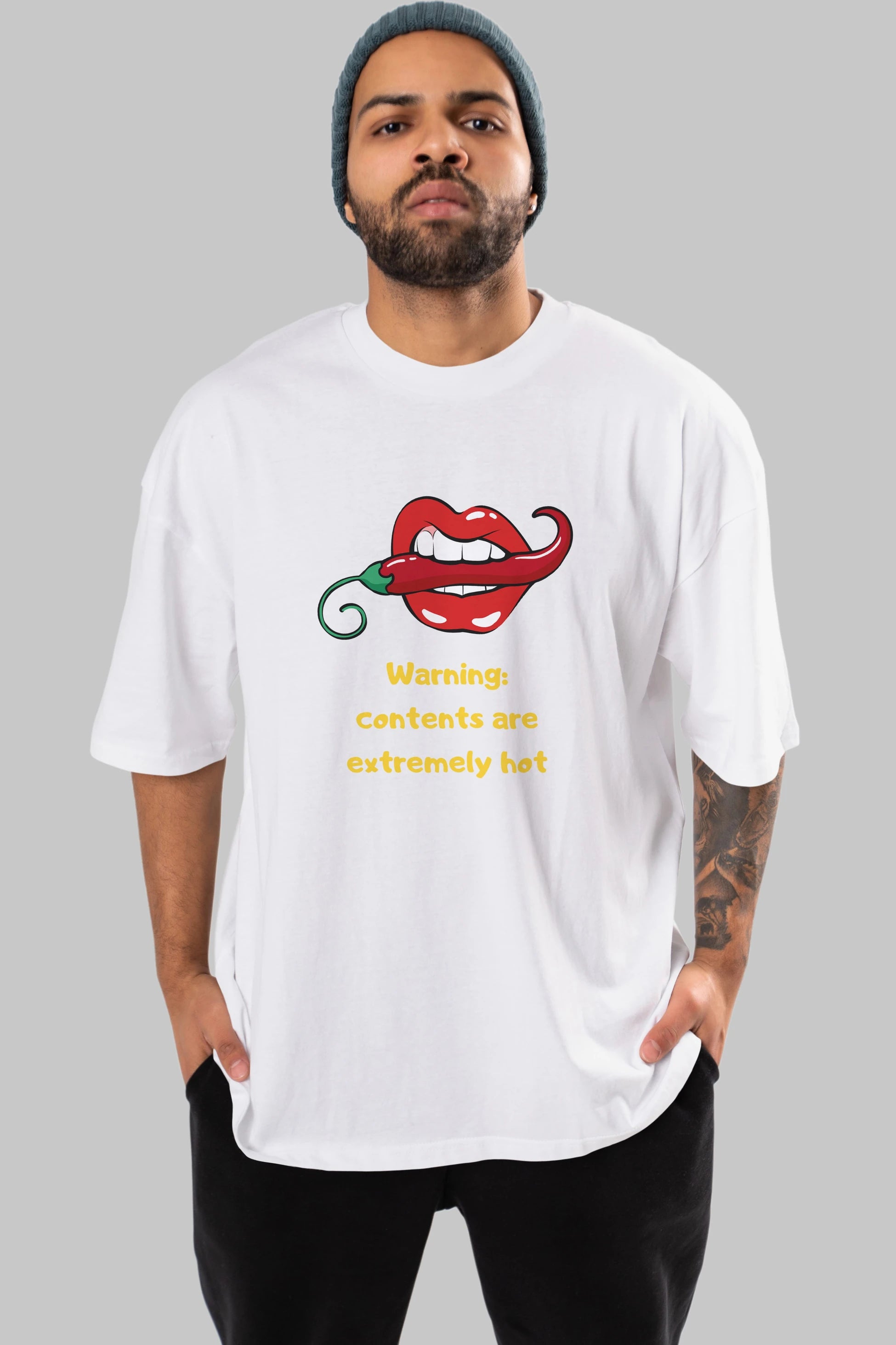 Warning Contents Yazılı Ön Baskılı Oversize t-shirt Erkek Kadın Unisex