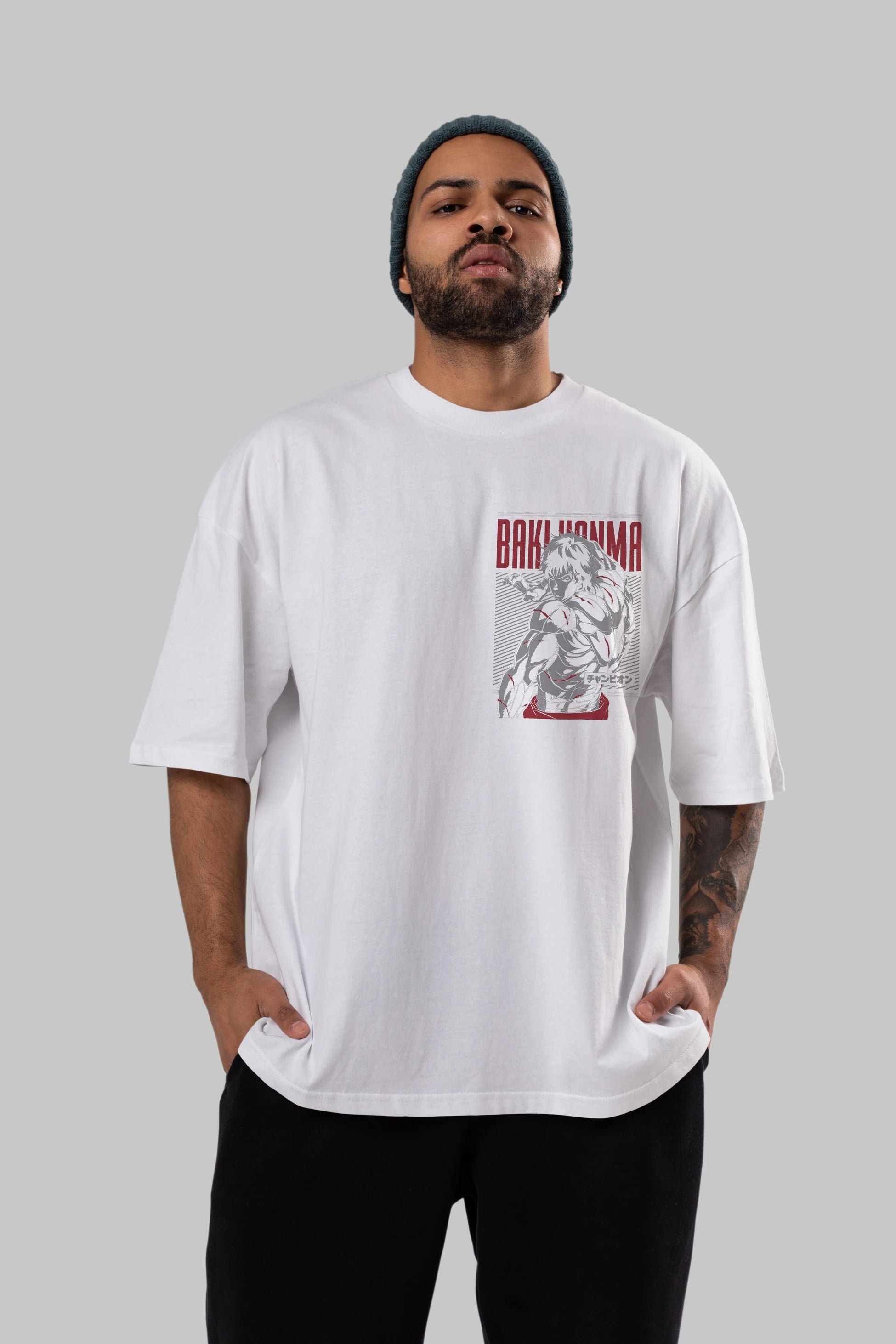 BAKI HANMA Ön Sol Baskılı Oversize t-shirt Erkek Kadın Unisex %100 Pamuk Bisiklet Yaka tişort
