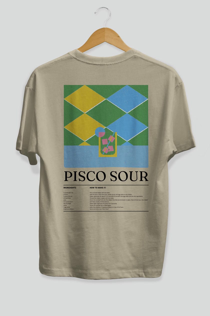 Pisco Sour Kokteyl Serisi Arka Baskılı Oversize t-shirt Erkek Kadın %100 Pamuk Bisiklet Yaka tişort