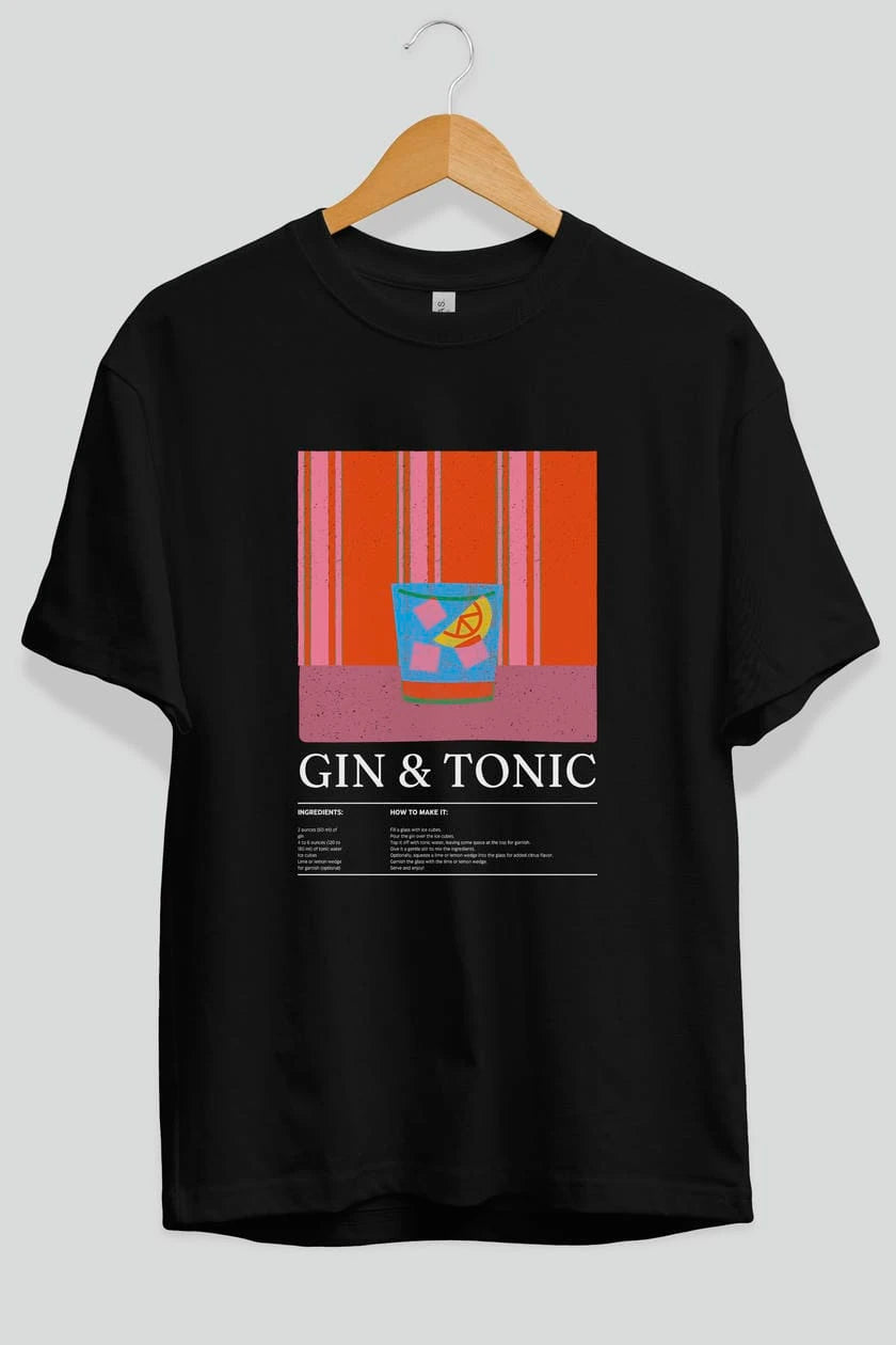 Gin tonic Kokteyl Ön Baskılı Oversize t-shirt Erkek Kadın %100 Pamuk Bisiklet Yaka tişort