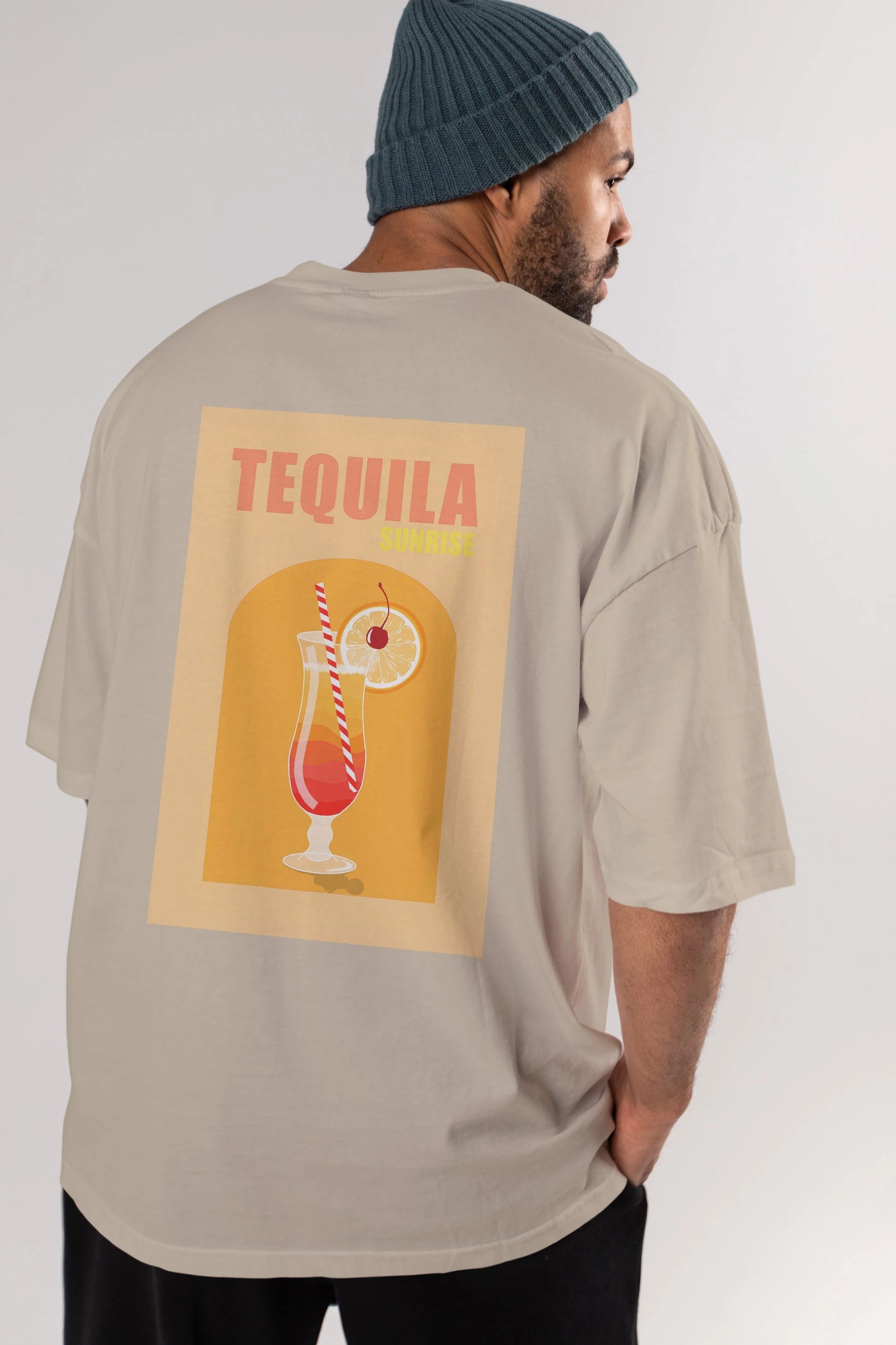 Tequila Sunrise Arka Baskılı Oversize t-shirt Erkek Kadın Unisex %100 Pamuk Bisiklet Yaka tişort