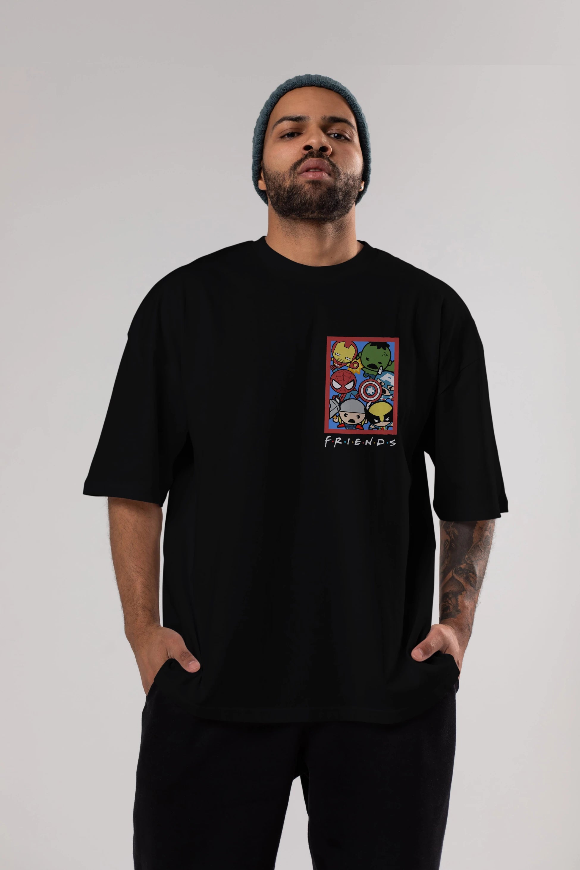 Friends Avenger Ön Sol Baskılı Oversize t-shirt Erkek Kadın Unisex %100 Pamuk Bisiklet Yaka tişort