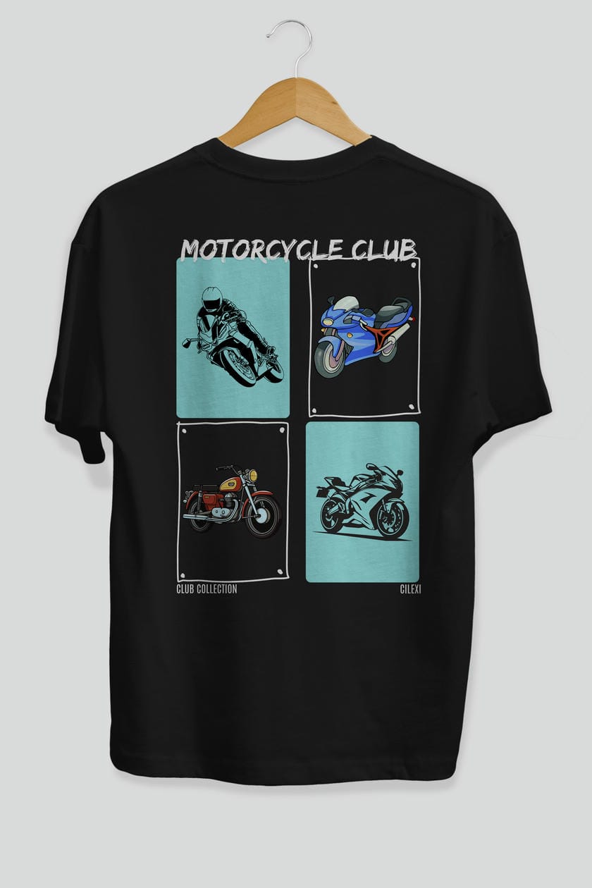 Motorcycle Club Arka Baskılı Oversize t-shirt Erkek Kadın %100 Pamuk Bisiklet Yaka tişort