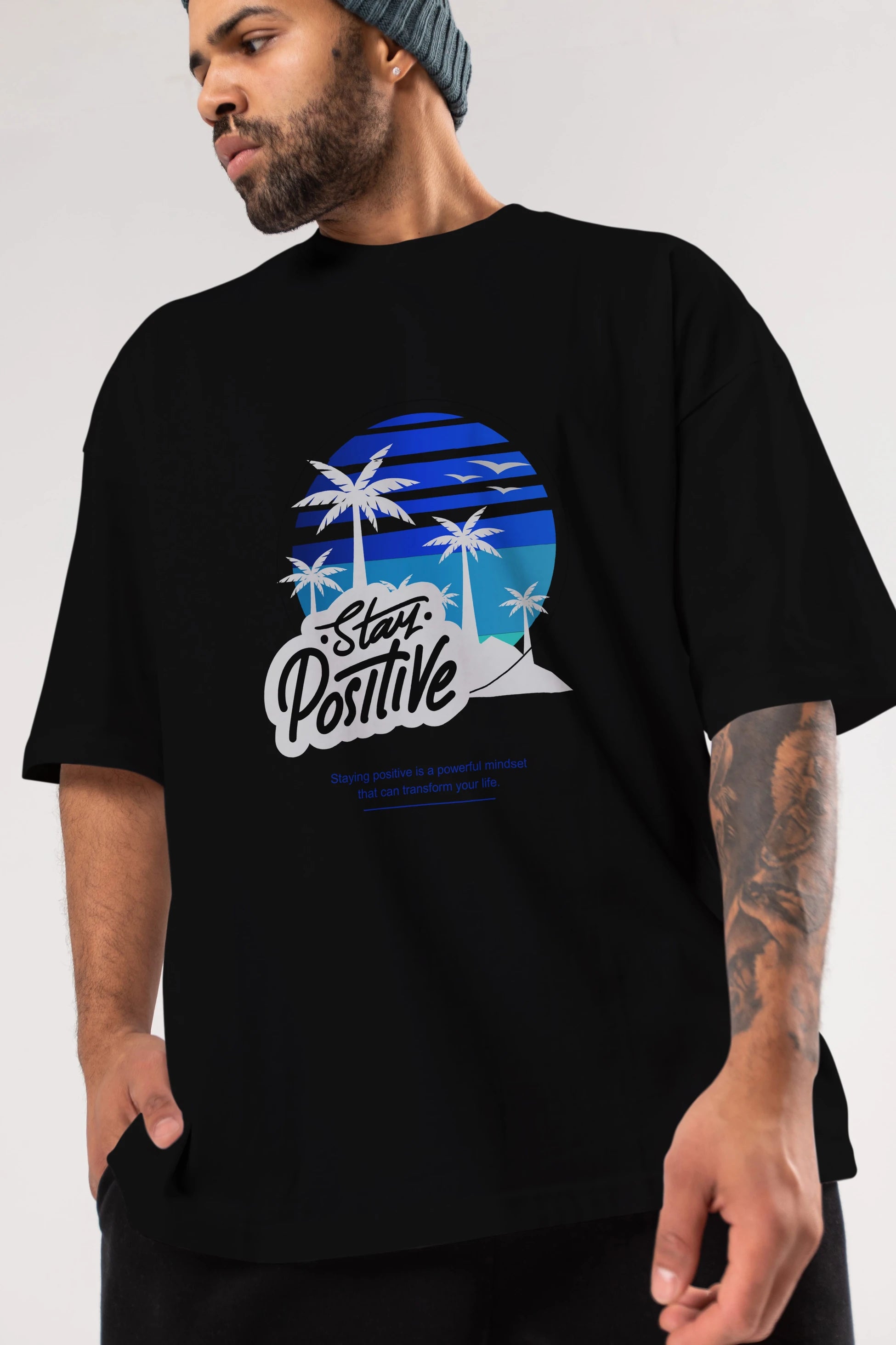 Stay Positive Yazılı Ön Baskılı Oversize t-shirt Erkek Kadın Unisex
