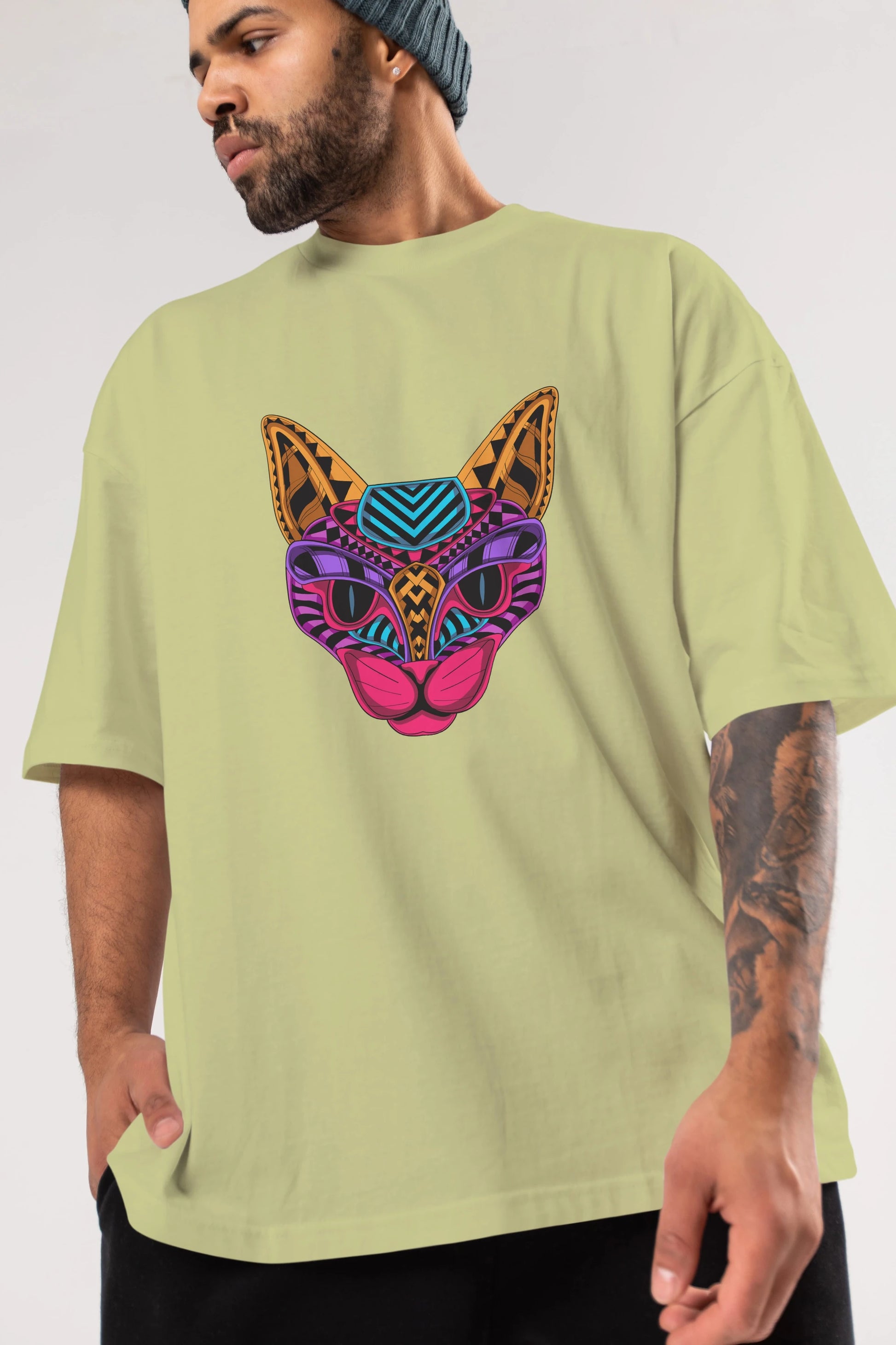 Black Neon Cat Ön Baskılı Oversize t-shirt Erkek Kadın Unisex