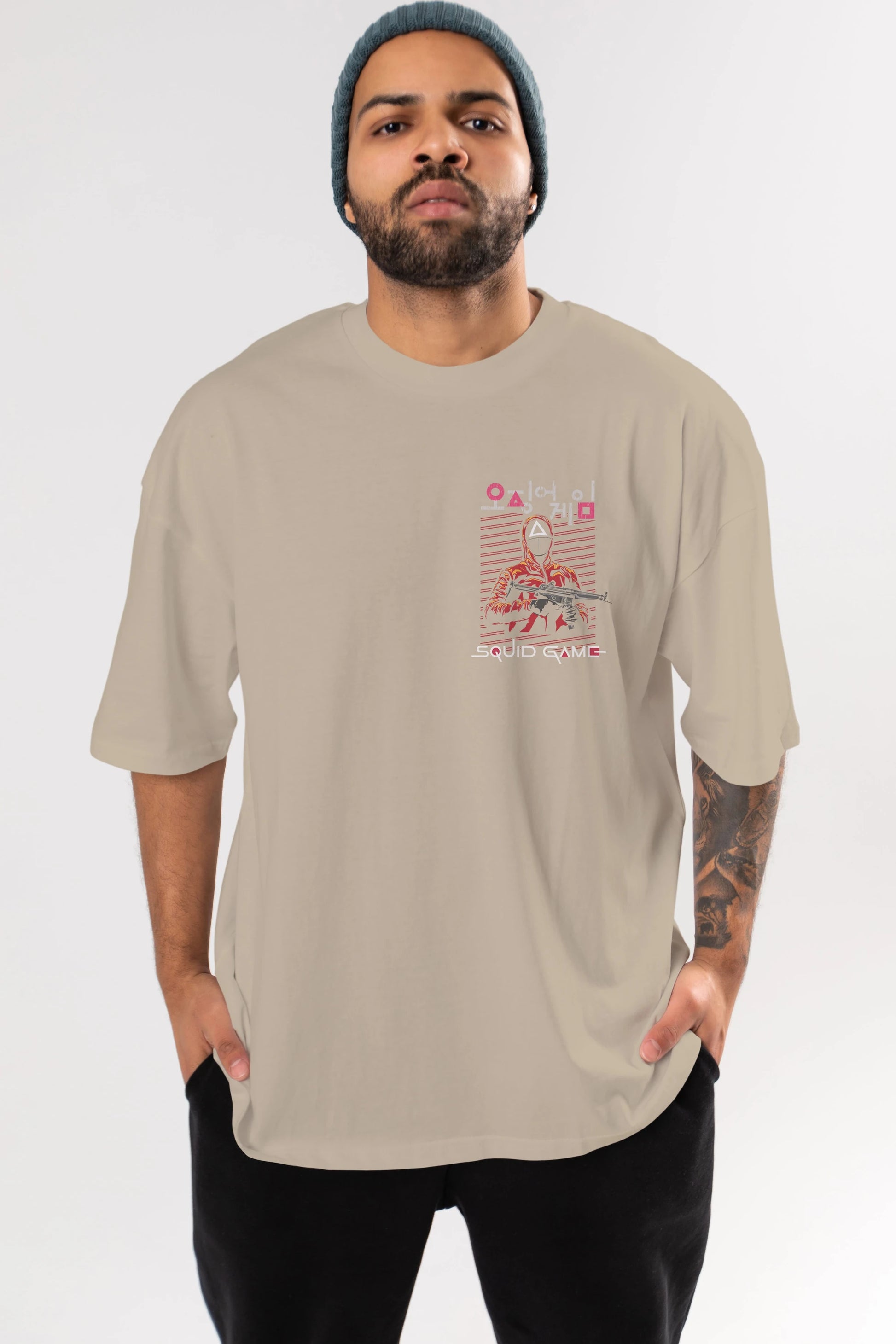 Squid Game (2) Ön Sol Baskılı Oversize t-shirt Erkek Kadın Unisex %100 Pamuk Bisiklet Yaka tişort
