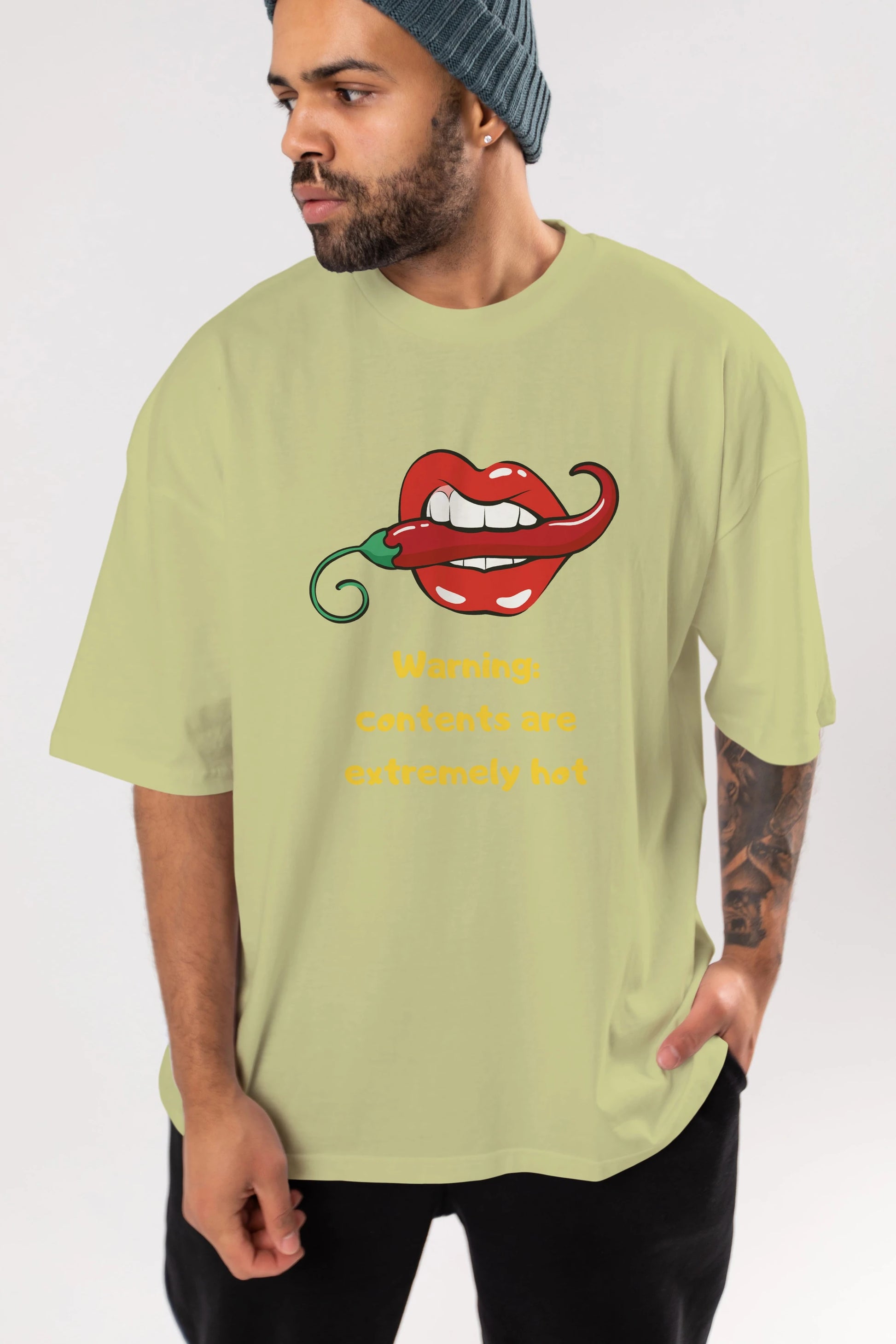 Warning Contents Yazılı Ön Baskılı Oversize t-shirt Erkek Kadın Unisex