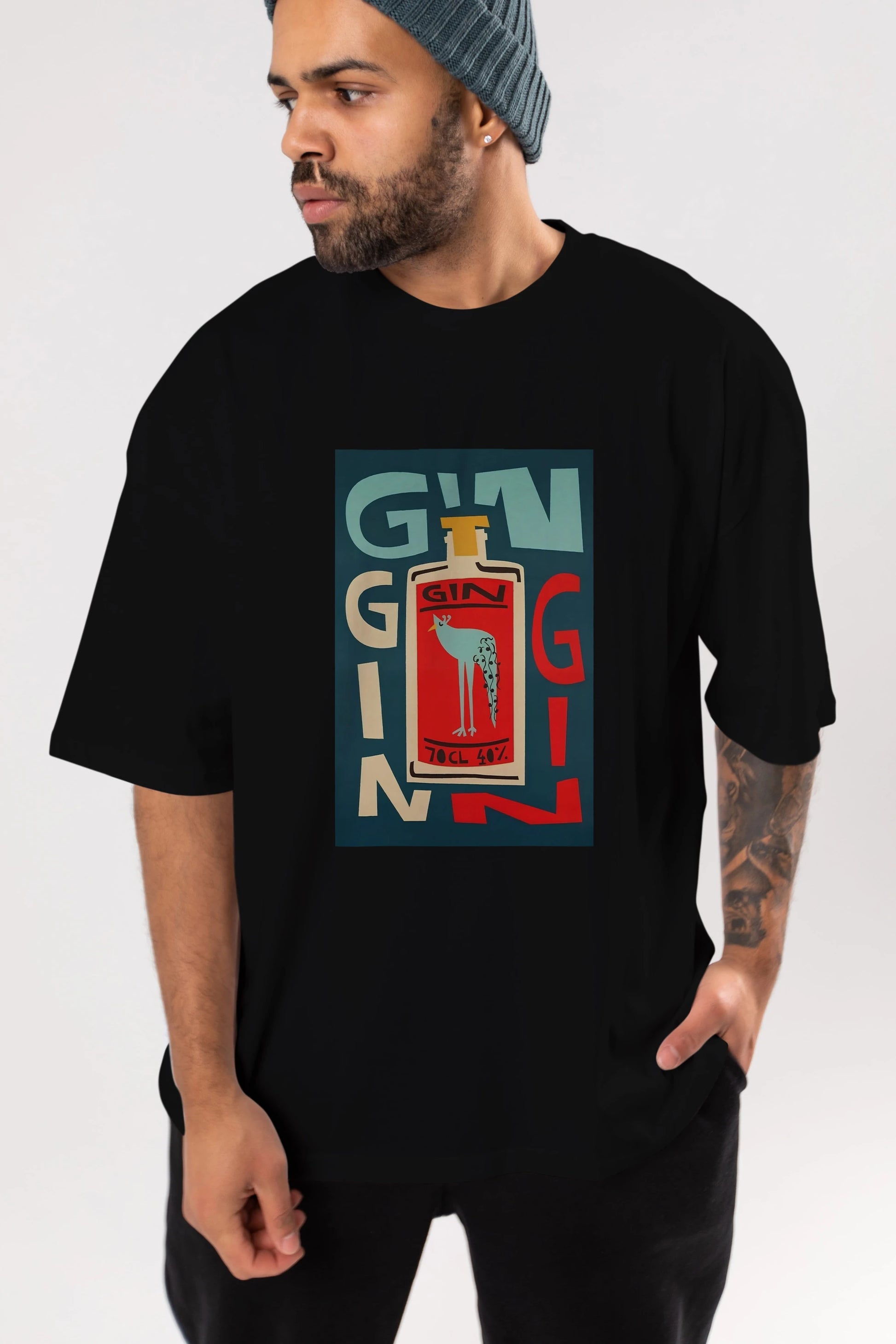 Gin 2 Ön Baskılı Oversize t-shirt Erkek Kadın Unisex %100 Pamuk Bisiklet Yaka tişort