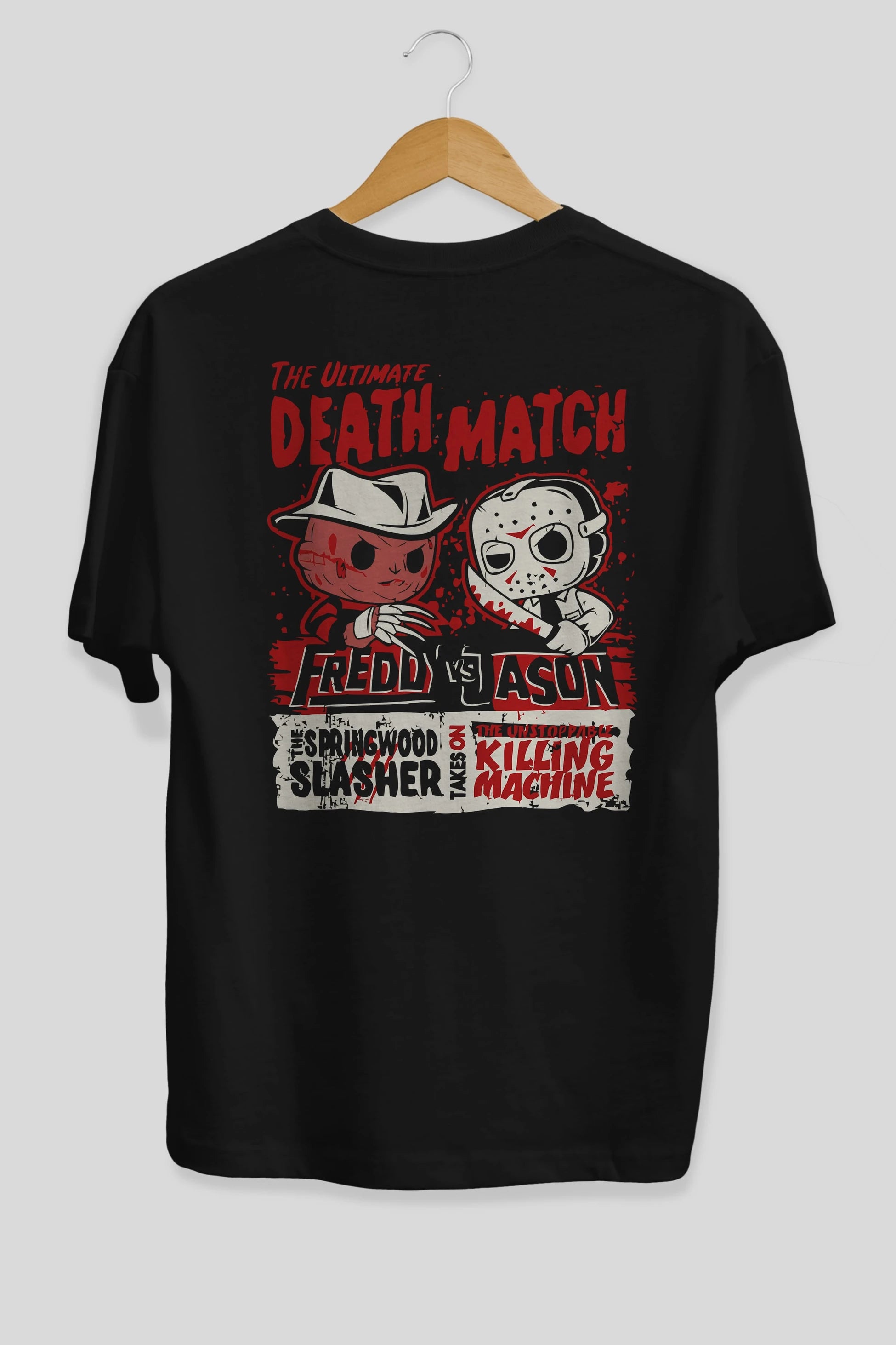 Freddy vs Jason Arka Baskılı Oversize t-shirt Erkek Kadın Unisex %100 Pamuk Bisiklet Yaka tişort