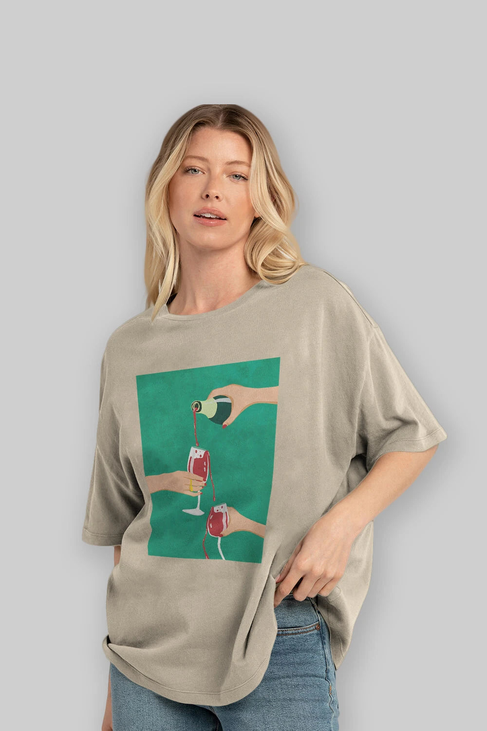 Wine 2 Ön Baskılı Oversize t-shirt Erkek Kadın Unisex %100 Pamuk Bisiklet Yaka tişort
