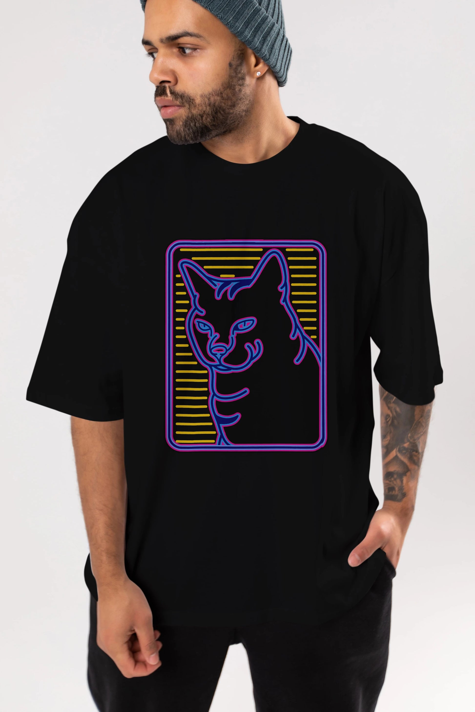 Neon Cat Ön Baskılı Oversize t-shirt Erkek Kadın Unisex