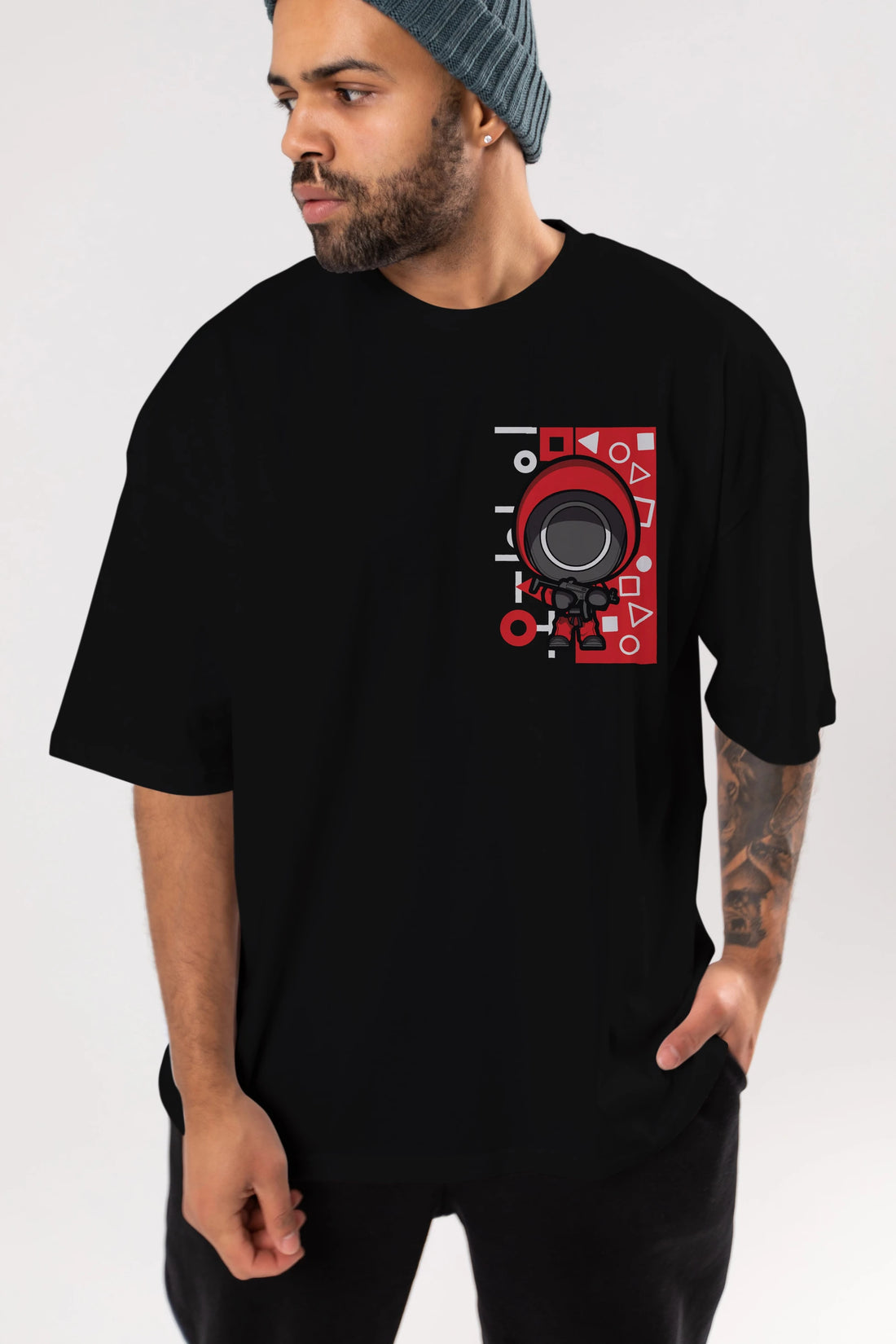 Squid Game (4) Ön Sol Baskılı Oversize t-shirt Erkek Kadın Unisex %100 Pamuk Bisiklet Yaka tişort