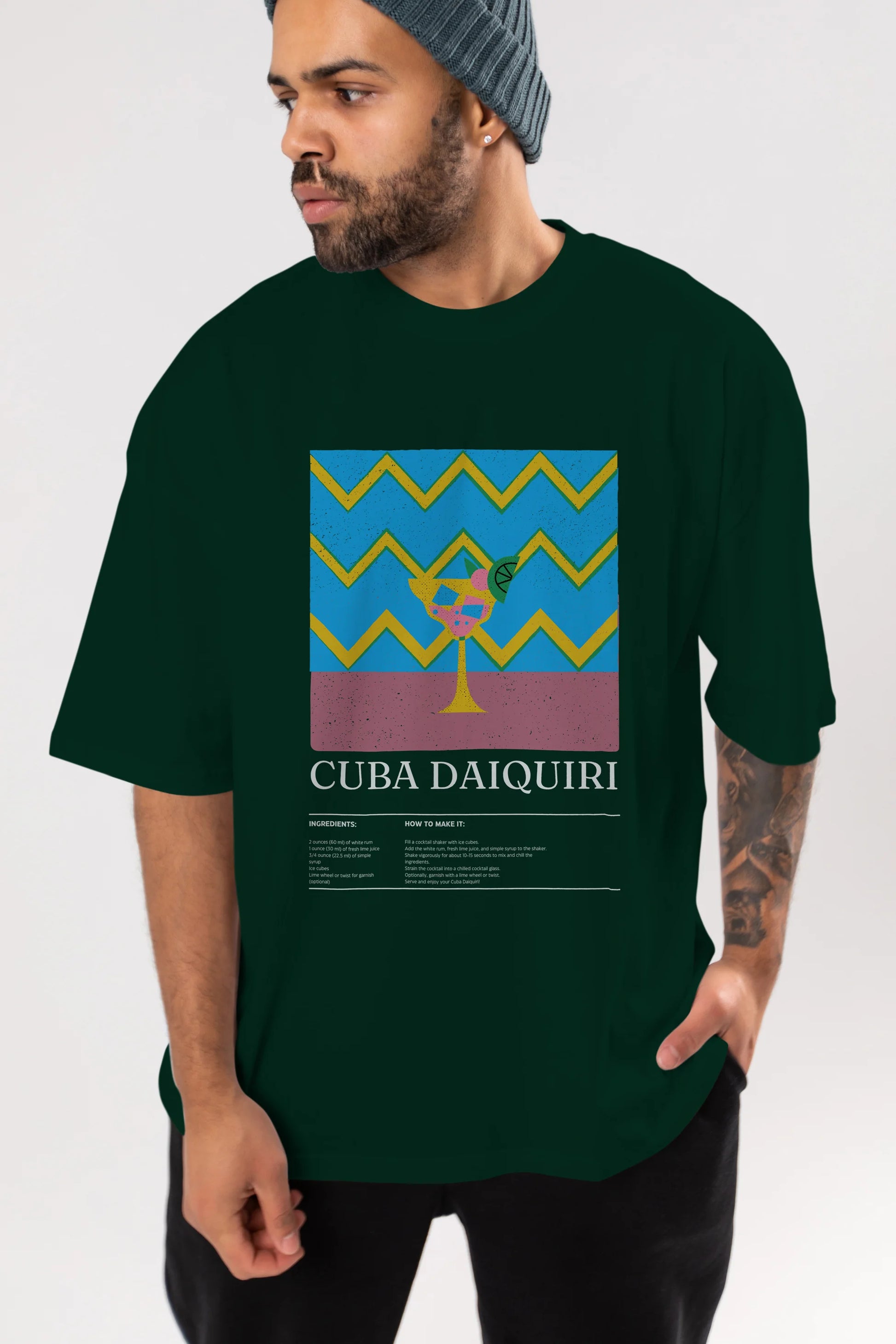 Cuba Daiquiri Kokteyl Ön Baskılı Oversize t-shirt Erkek Kadın %100 Pamuk Bisiklet Yaka tişort