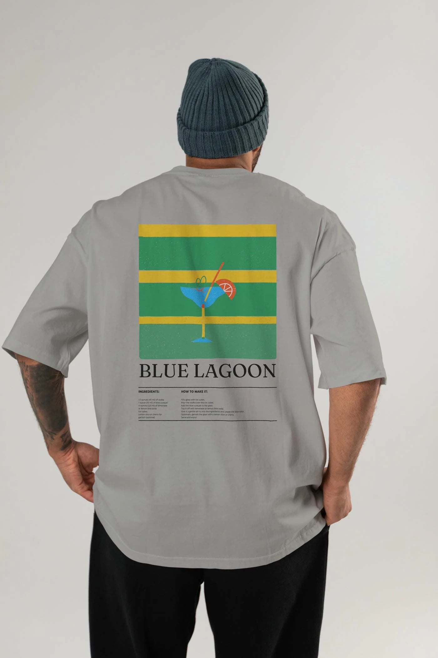 Blue Lagoon Kokteyl Serisi Arka Baskılı Oversize t-shirt Erkek Kadın %100 Pamuk Bisiklet Yaka tişort
