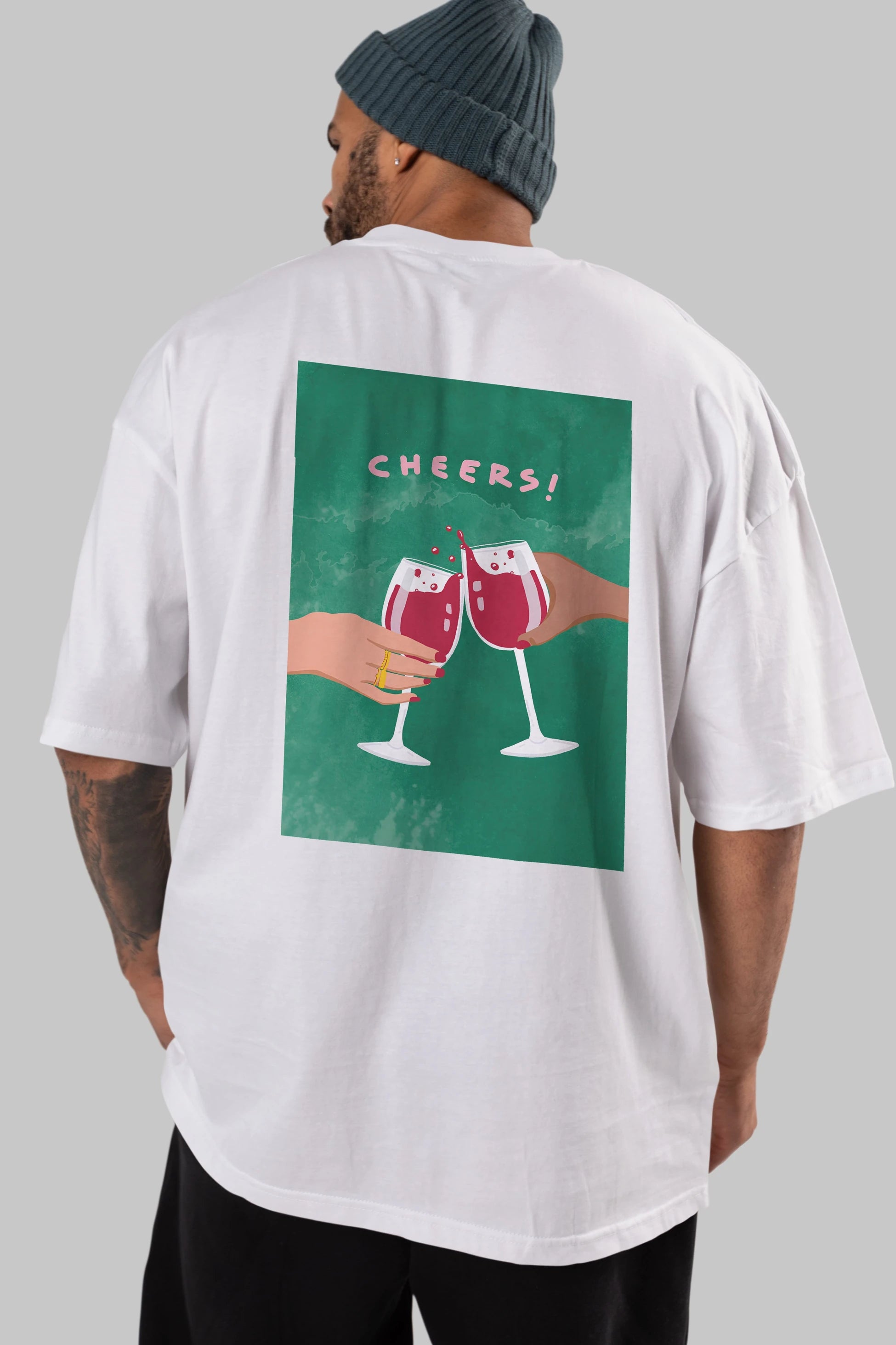 Cheers Arka Baskılı Oversize t-shirt Erkek Kadın Unisex %100 Pamuk Bisiklet Yaka tişort