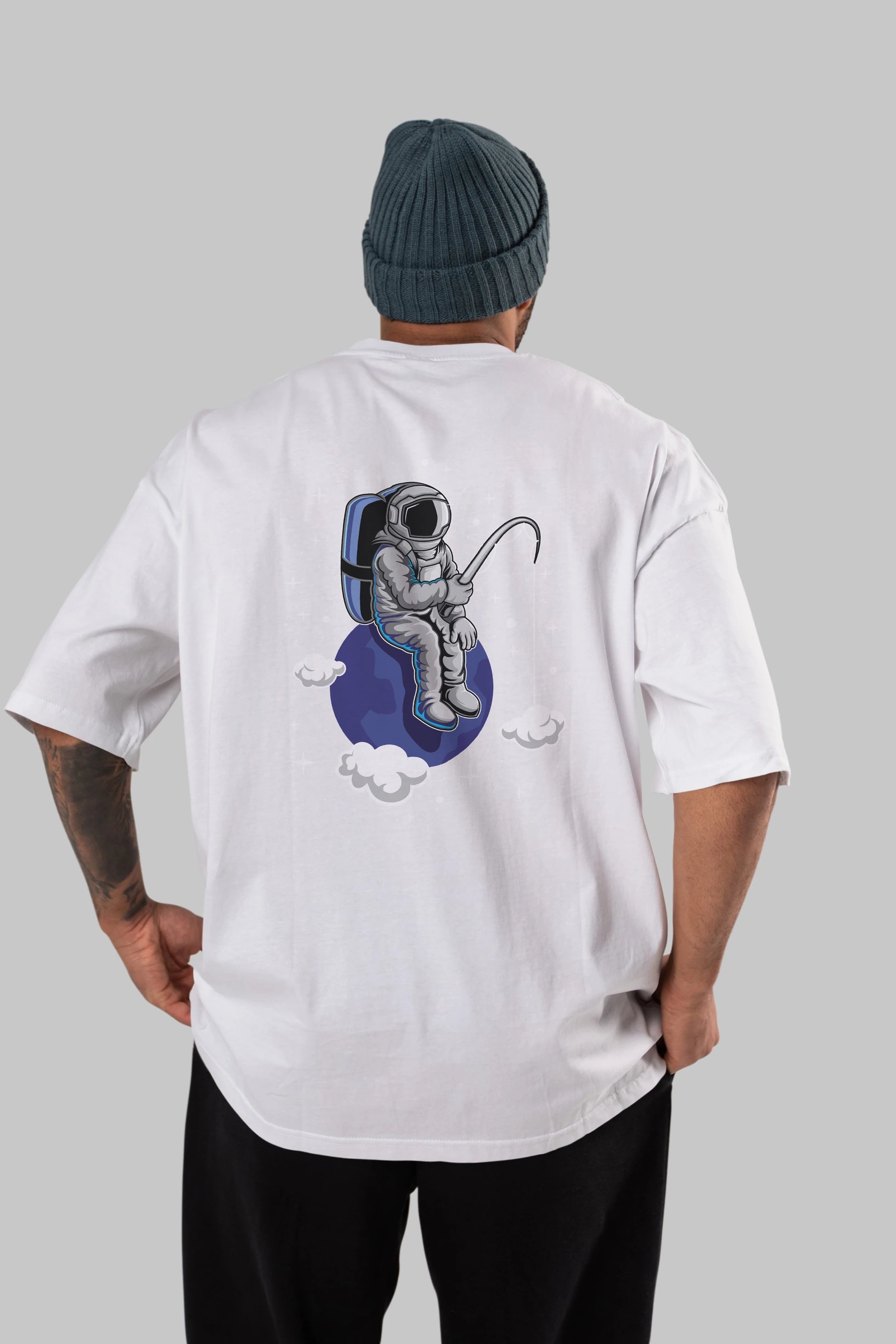 Astronaut Fishing (2) Arka Baskılı Oversize t-shirt Erkek Kadın Unisex