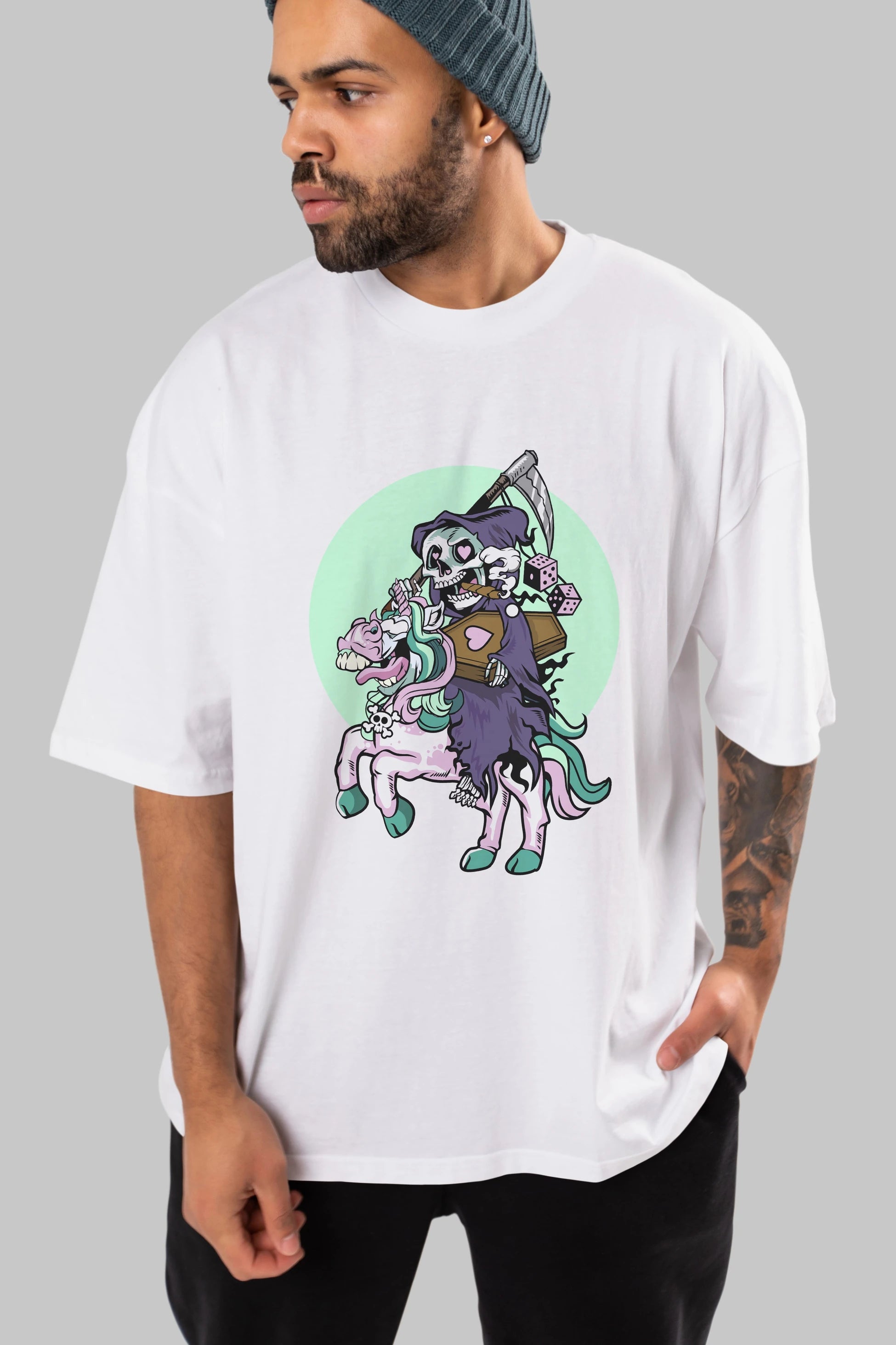Grim Reaper Riding Unicorn Ön Baskılı Oversize t-shirt Erkek Kadın Unisex %100 Pamuk tişort