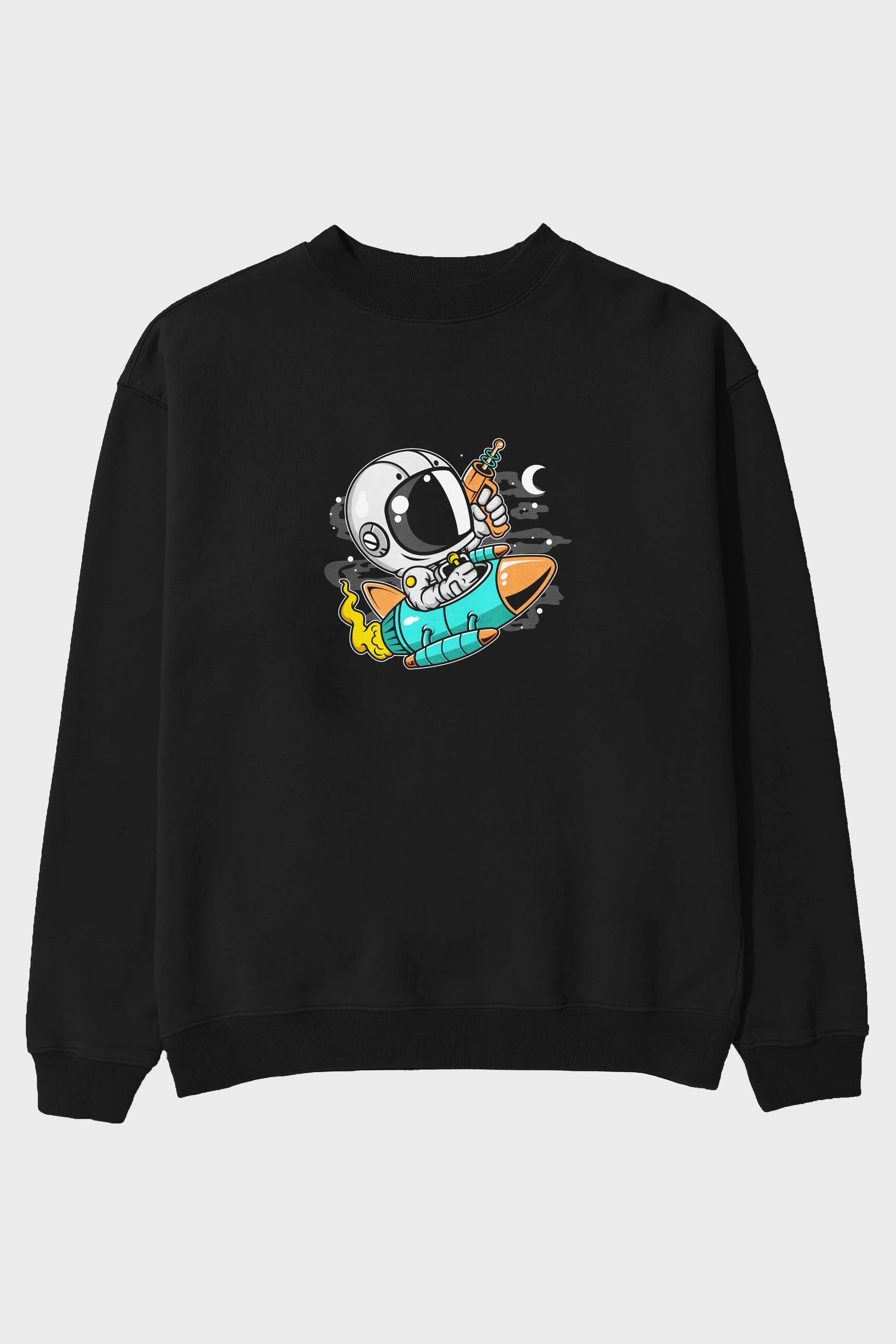 Astronaut Riding Rocket Ön Baskılı Oversize Sweatshirt Erkek Kadın Unisex
