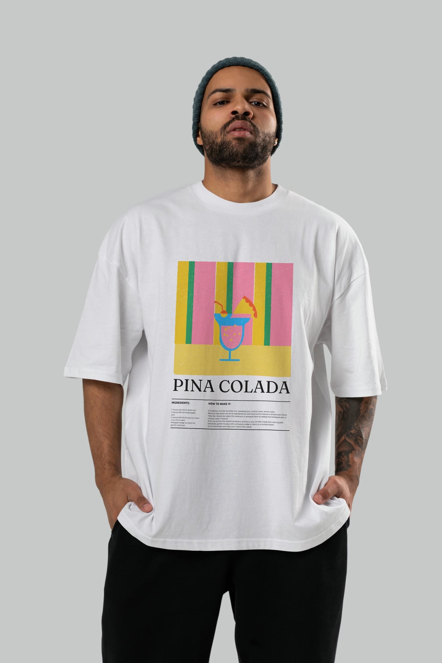 Pina Colada Kokteyl Ön Baskılı Oversize t-shirt Erkek Kadın %100 Pamuk Bisiklet Yaka tişort