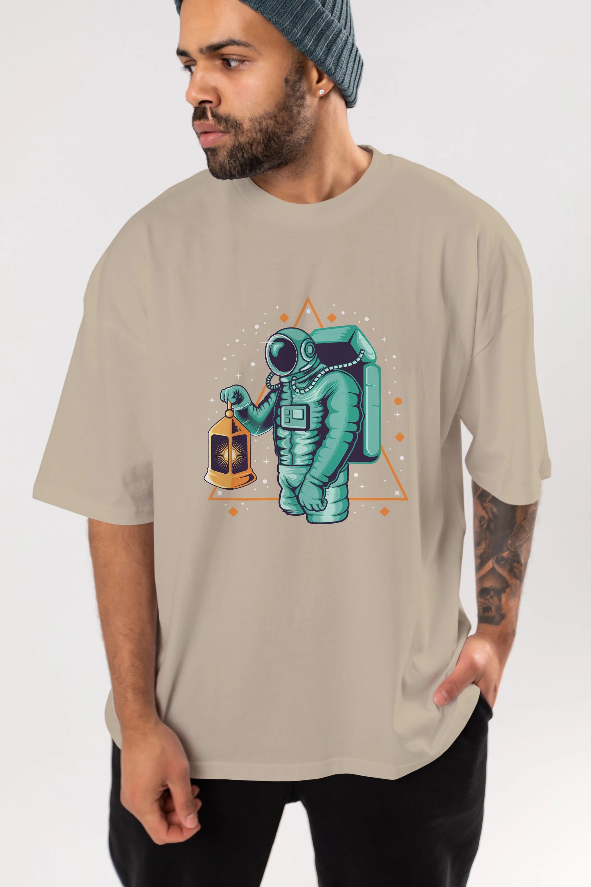 Astronaut Lantern Ön Baskılı Oversize t-shirt Erkek Kadın Unisex