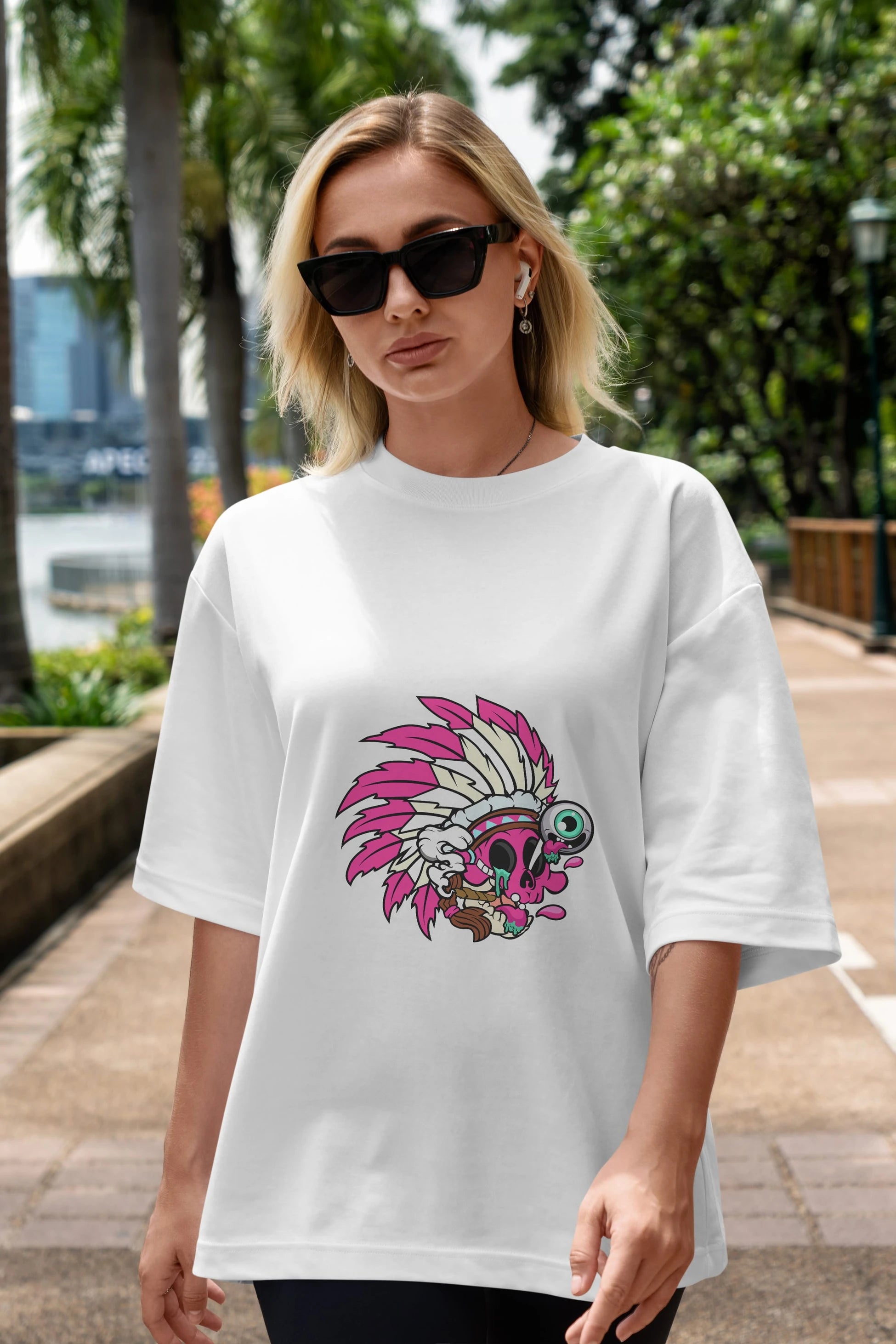 Skull Indian Ön Baskılı Oversize t-shirt Erkek Kadın Unisex %100 Pamuk tişort