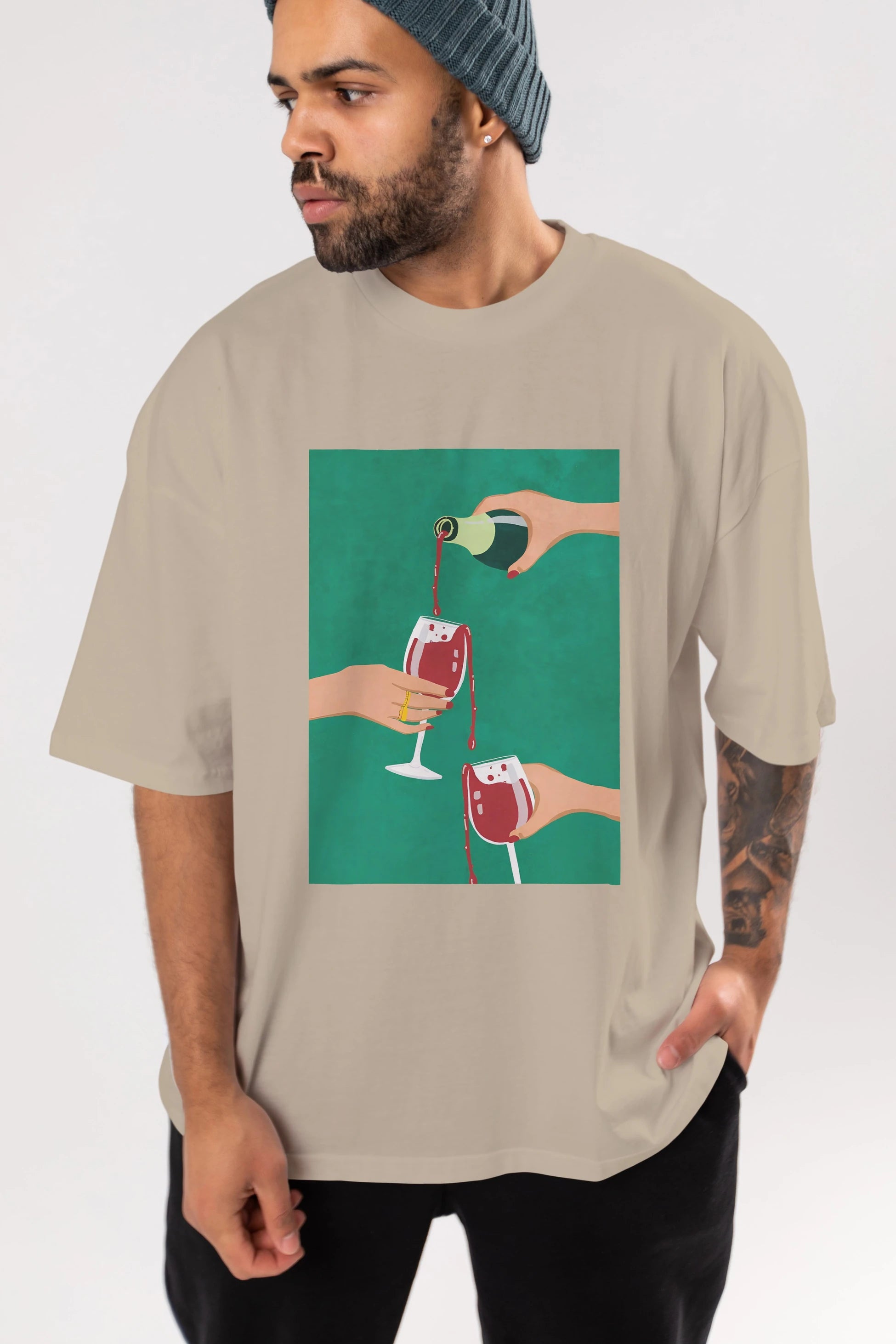 Wine 2 Ön Baskılı Oversize t-shirt Erkek Kadın Unisex %100 Pamuk Bisiklet Yaka tişort