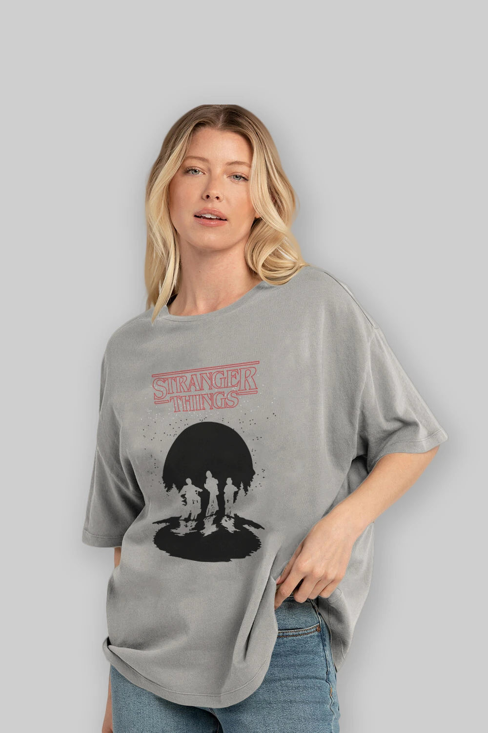 Stranger Things Ön Baskılı Oversize t-shirt Erkek Kadın Unisex %100 Pamuk Bisiklet Yaka tişort