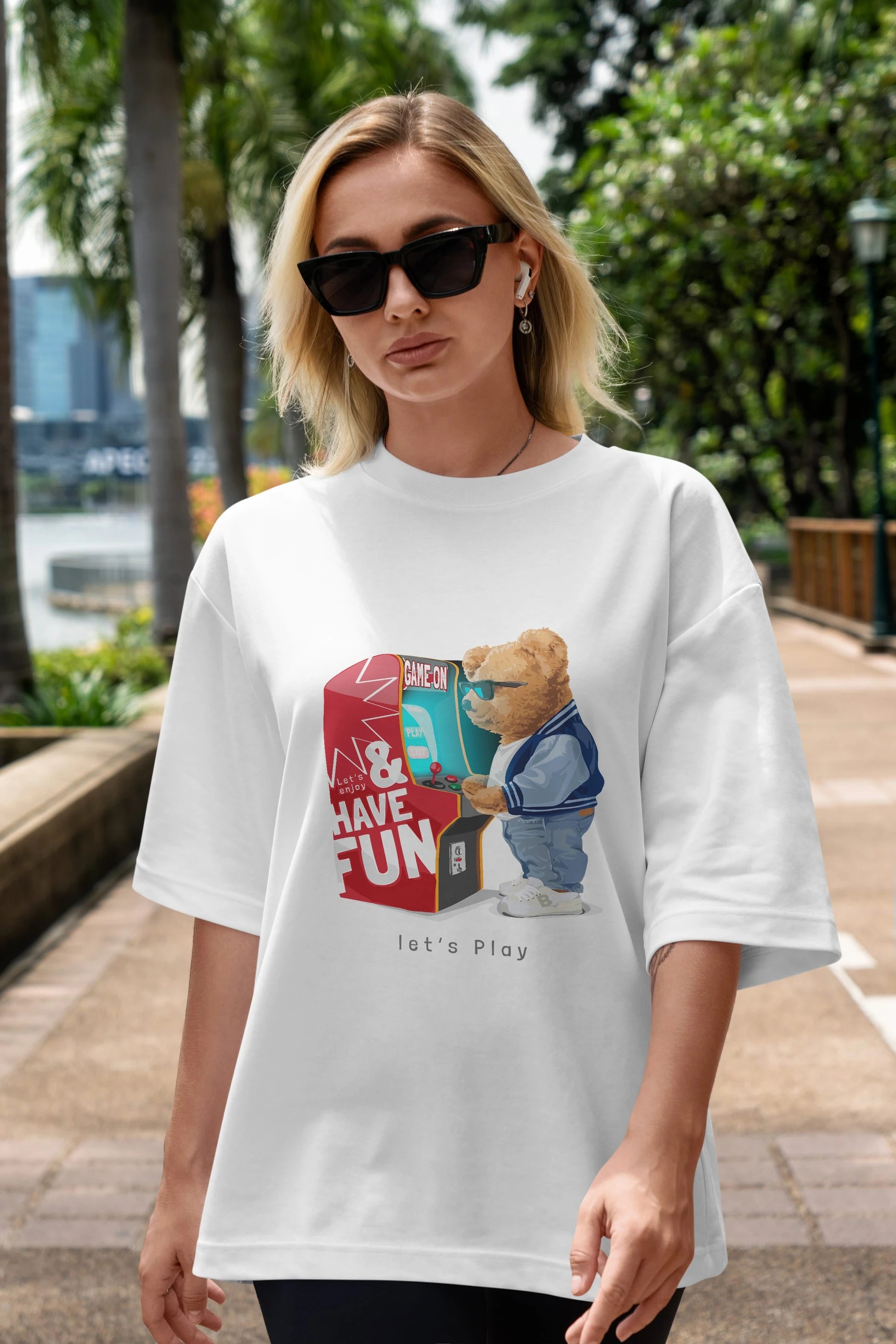 Teddy Bear Lets Play Ön Baskılı Oversize t-shirt Erkek Kadın Unisex %100 Pamuk