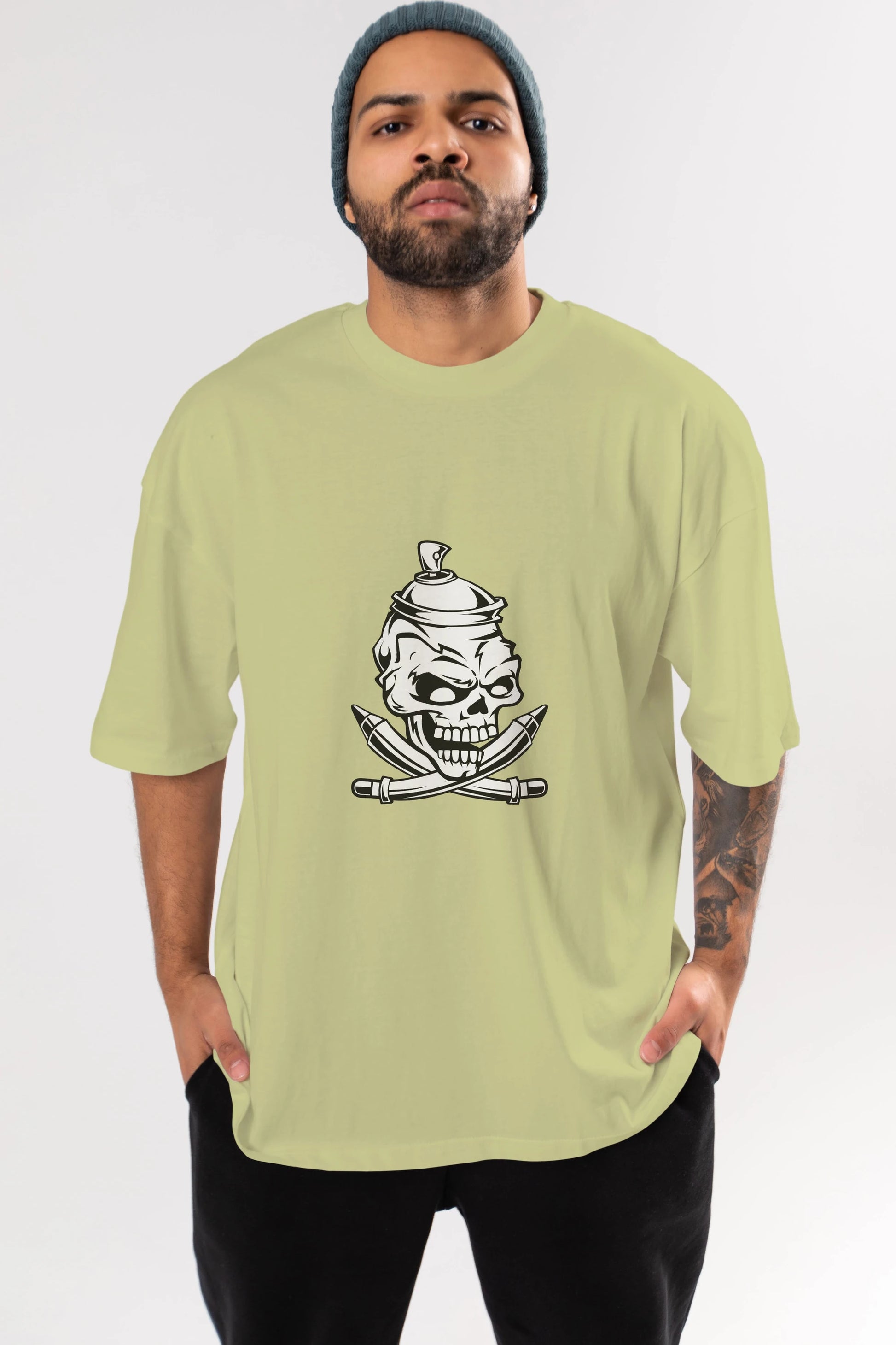 Skull Grafity Ön Baskılı Oversize t-shirt Erkek Kadın Unisex %100 Pamuk tişort