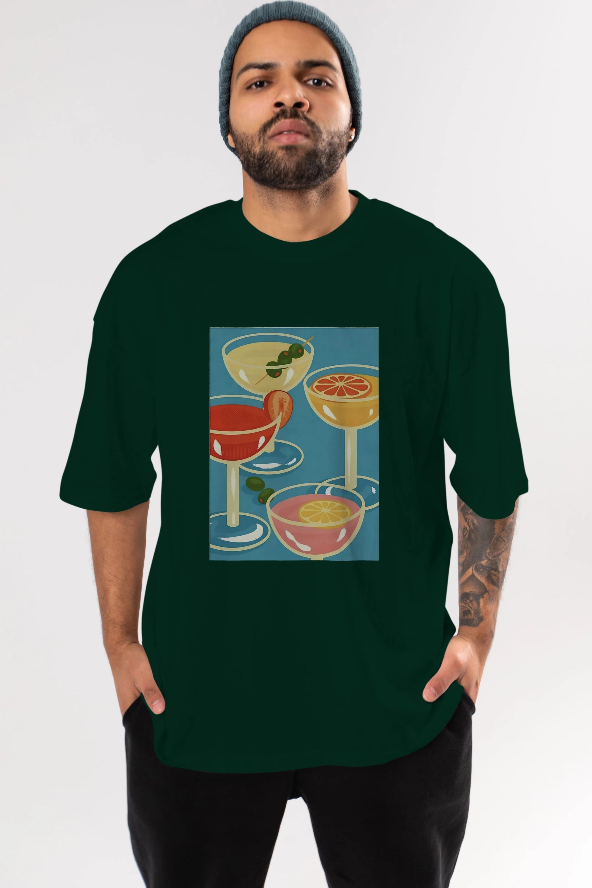 Cocktails Ön Baskılı Oversize t-shirt Erkek Kadın Unisex %100 Pamuk Bisiklet Yaka tişort