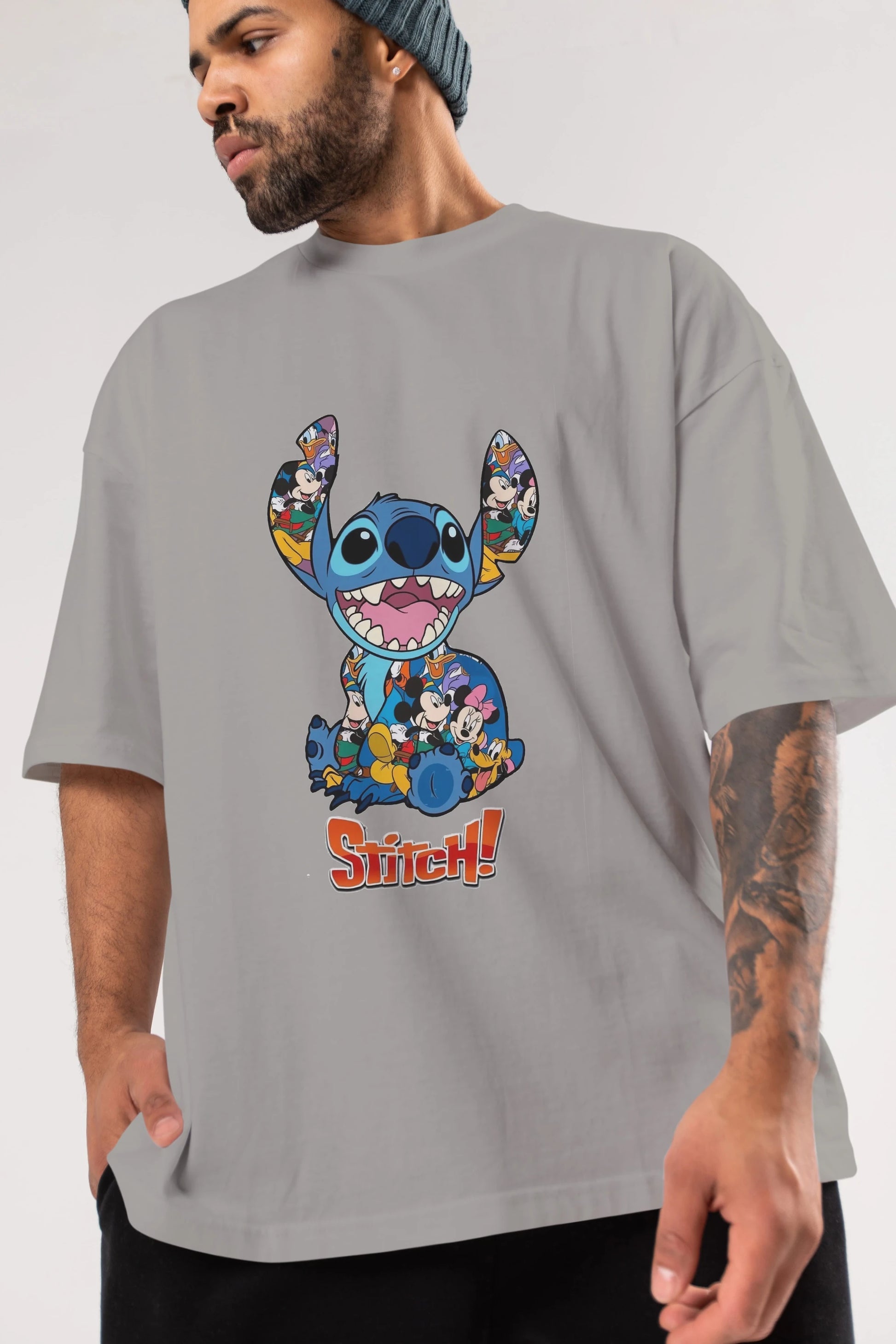 Stitch Ön Baskılı Oversize t-shirt Erkek Kadın Unisex %100 Pamuk Bisiklet Yaka tişort