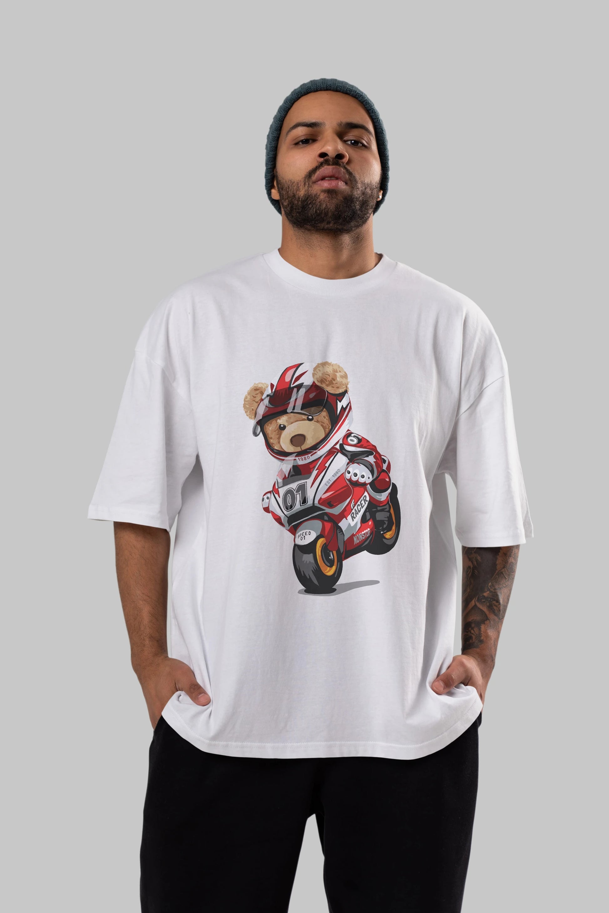 Teddy Bear Racer Ön Baskılı Oversize t-shirt Erkek Kadın Unisex %100 Pamuk