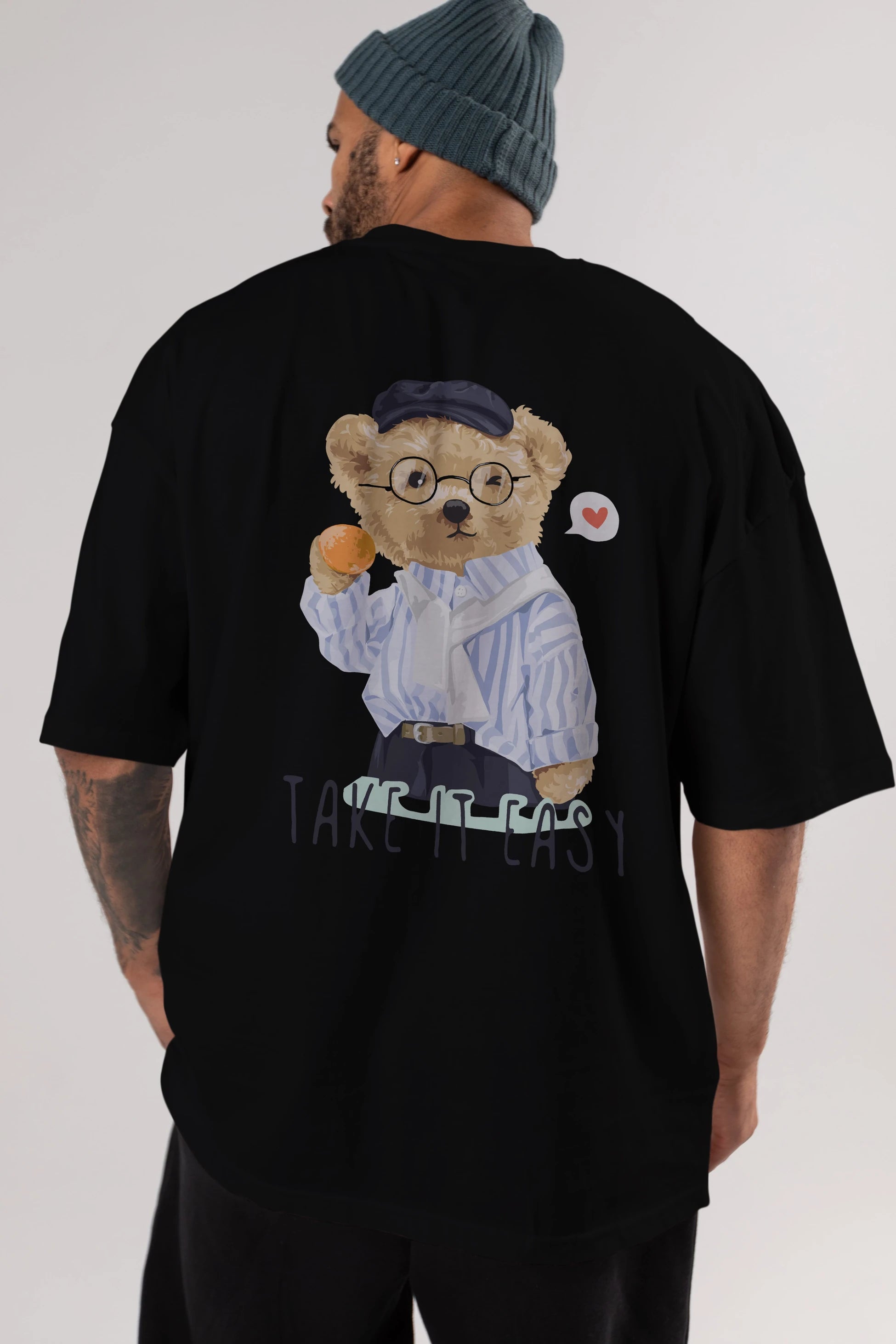Teddy Bear Take it Easy Arka Baskılı Oversize t-shirt Erkek Kadın Unisex %100 Pamuk