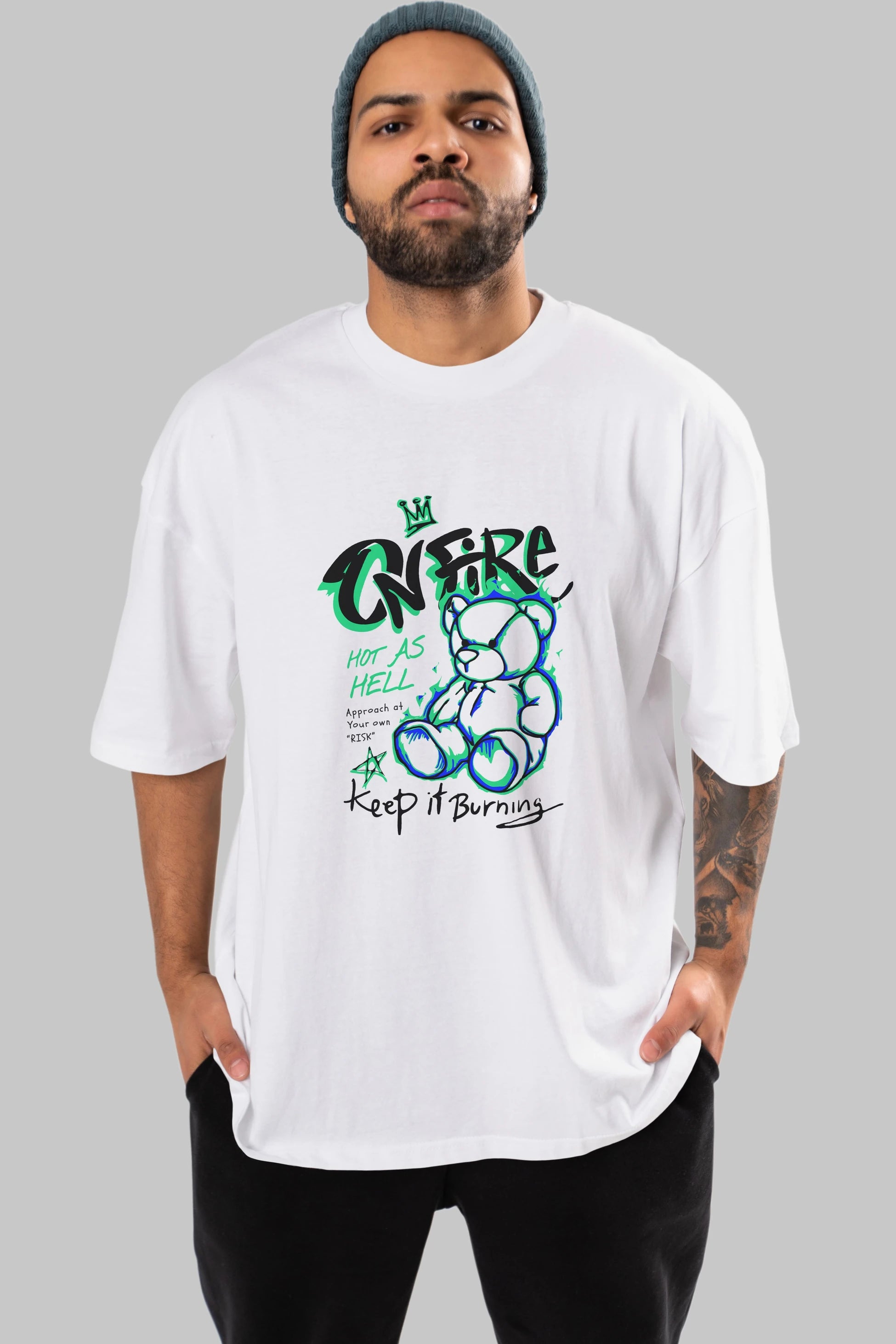 On Fire Bear Ön Baskılı Oversize t-shirt Erkek Kadın Unisex