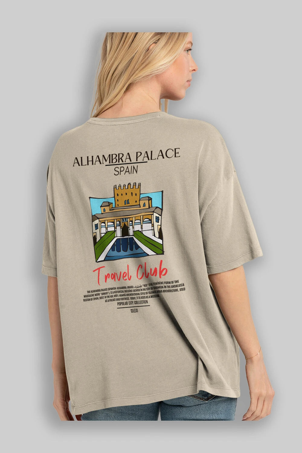 Alhambra Palace Spain Arka Baskılı Oversize t-shirt Erkek Kadın Pamuk Bisiklet Yaka tişort