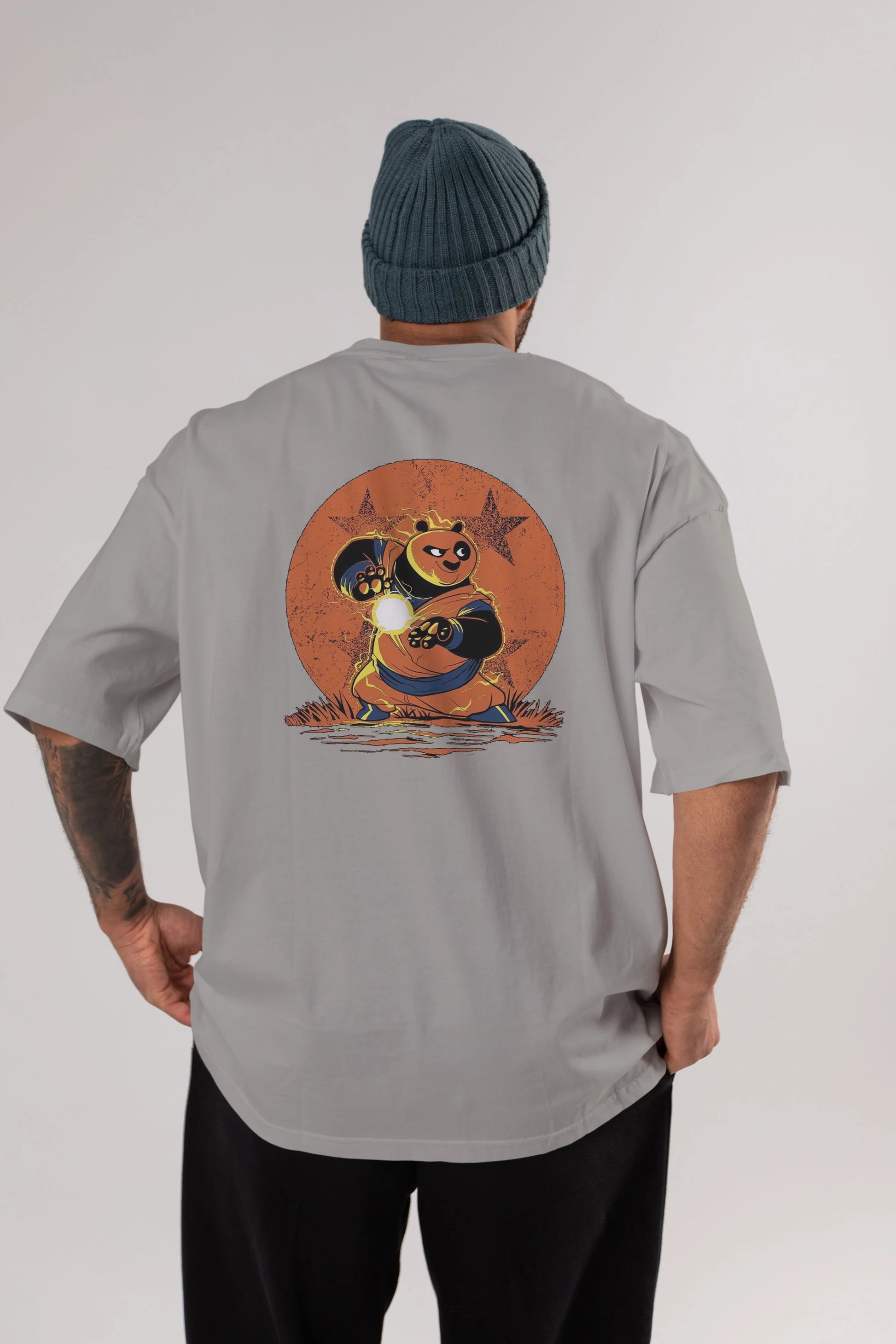 Kung Fu Panda Arka Baskılı Oversize t-shirt Erkek Kadın Unisex %100 Pamuk Bisiklet Yaka tişort