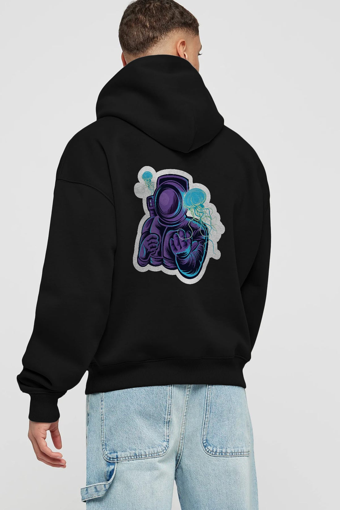 Astronaut and Jellyfish Sticker Arka Baskılı Hoodie Oversize Kapüşonlu Sweatshirt Erkek Kadın Unisex