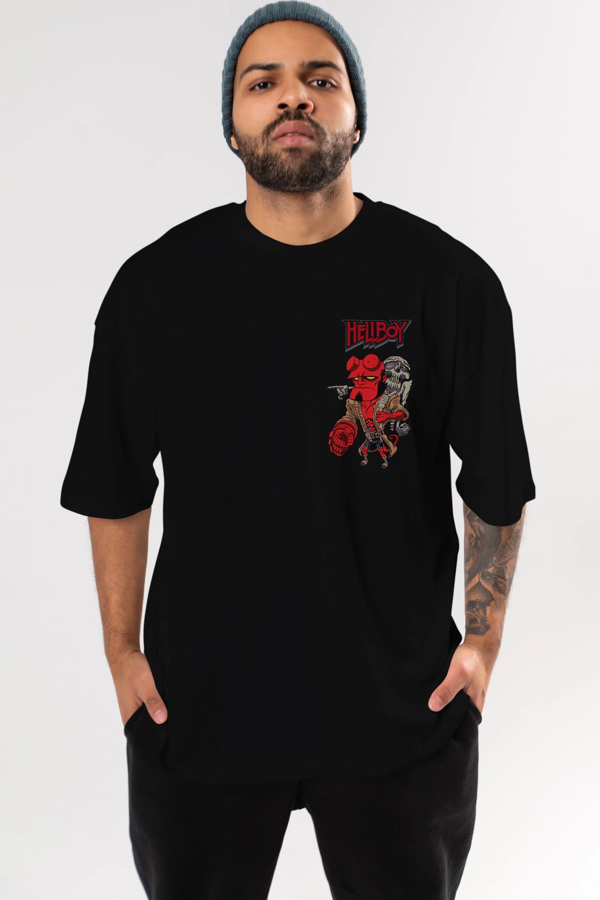Hellboy (2) Ön Sol Baskılı Oversize t-shirt Erkek Kadın Unisex %100 Pamuk Bisiklet Yaka tişort