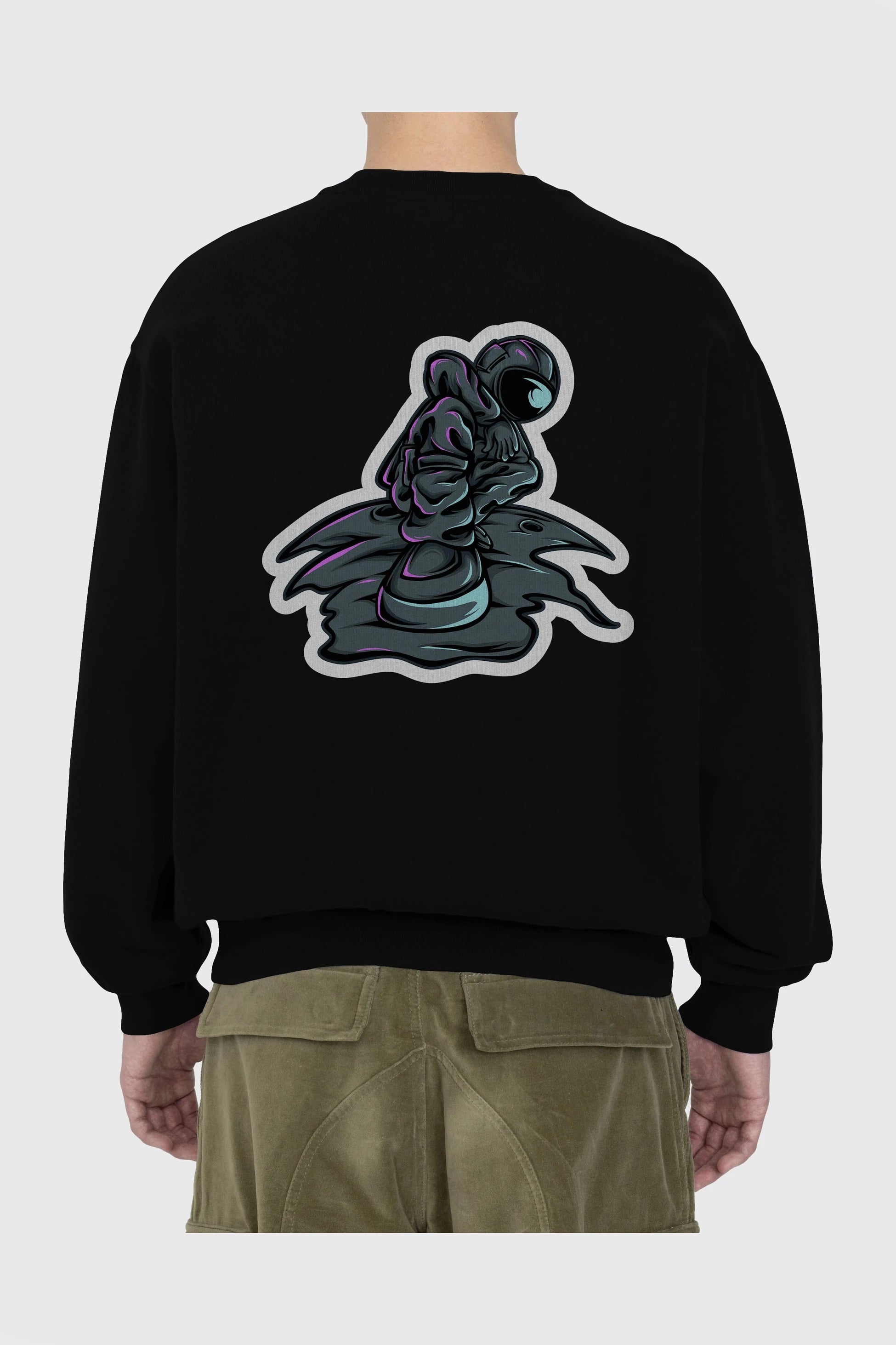 Stylish Astronaut Sticker Arka Baskılı Oversize Sweatshirt Erkek Kadın Unisex