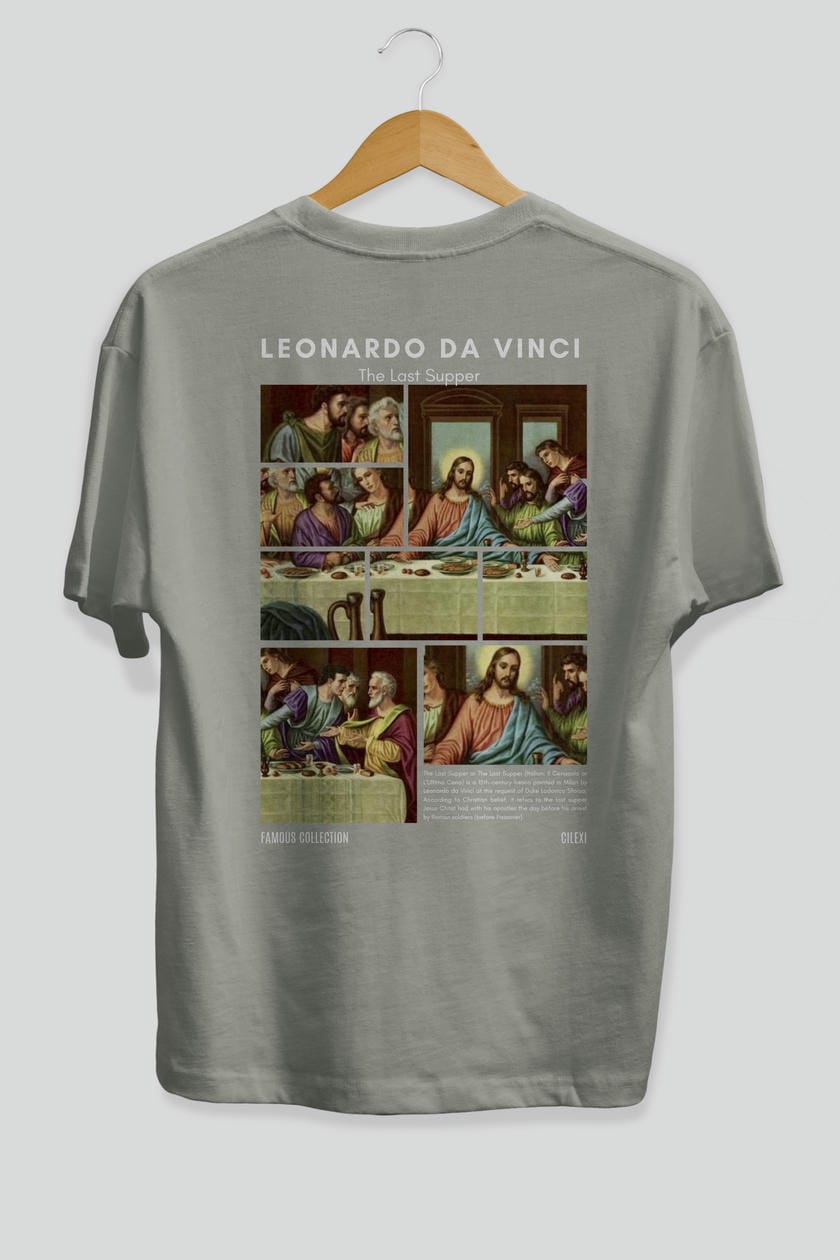 Leonardo Da Vinci Arka Baskılı Oversize t-shirt Erkek Kadın Bisiklet Yaka Pamuk tişort