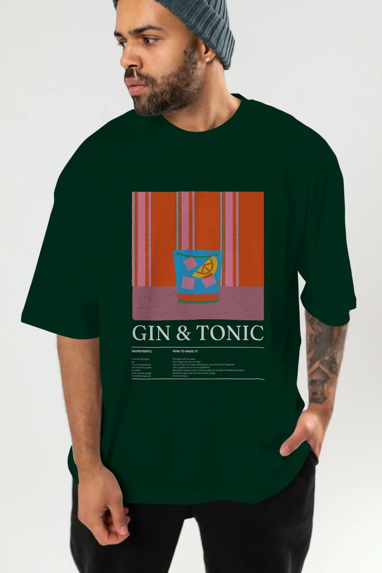 Gin tonic Kokteyl Ön Baskılı Oversize t-shirt Erkek Kadın %100 Pamuk Bisiklet Yaka tişort