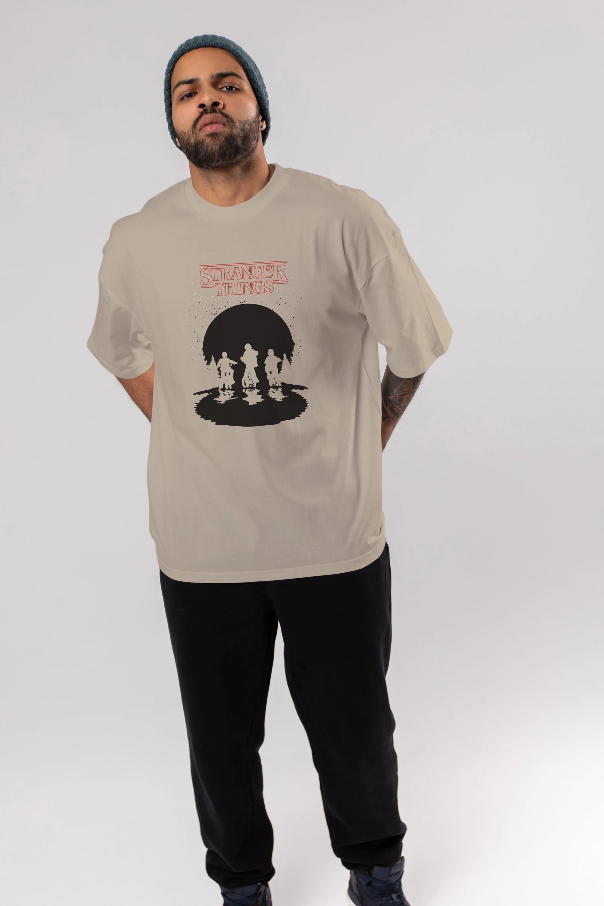 Stranger Things Ön Baskılı Oversize t-shirt Erkek Kadın Unisex %100 Pamuk Bisiklet Yaka tişort