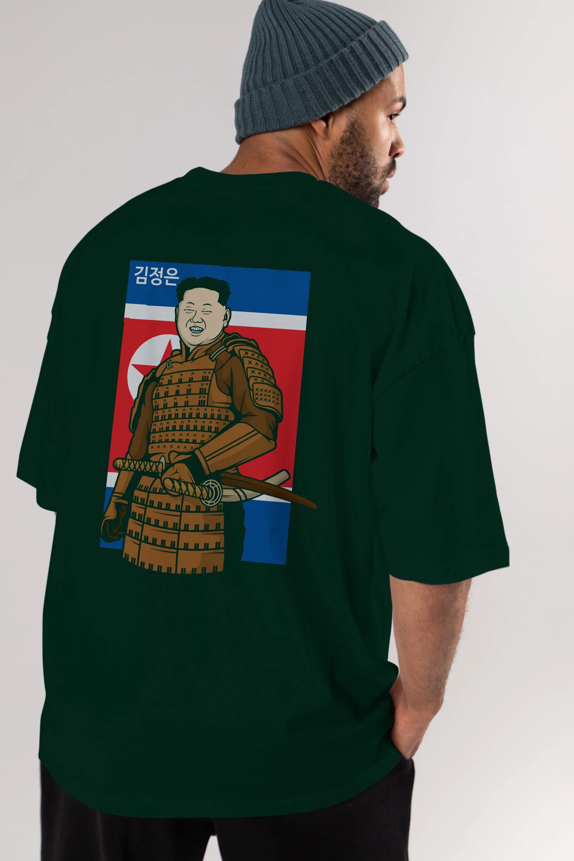 Samurai Jong Un Arka Baskılı Oversize t-shirt Erkek Kadın Unisex %100 Pamuk tişort
